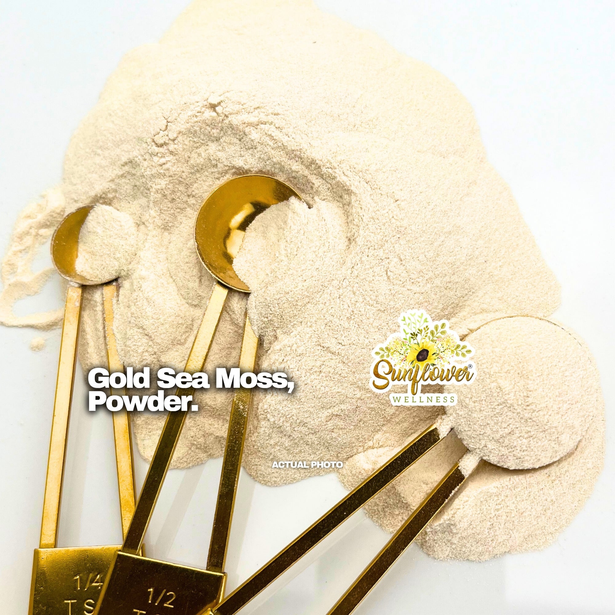 Wildcrafted Gold Sea Moss Powder from St. Lucia – Premium sun-dried Eucheuma cottonii finely milled in-house by Sunflower Wellness – shown with gold measuring spoons on white background.