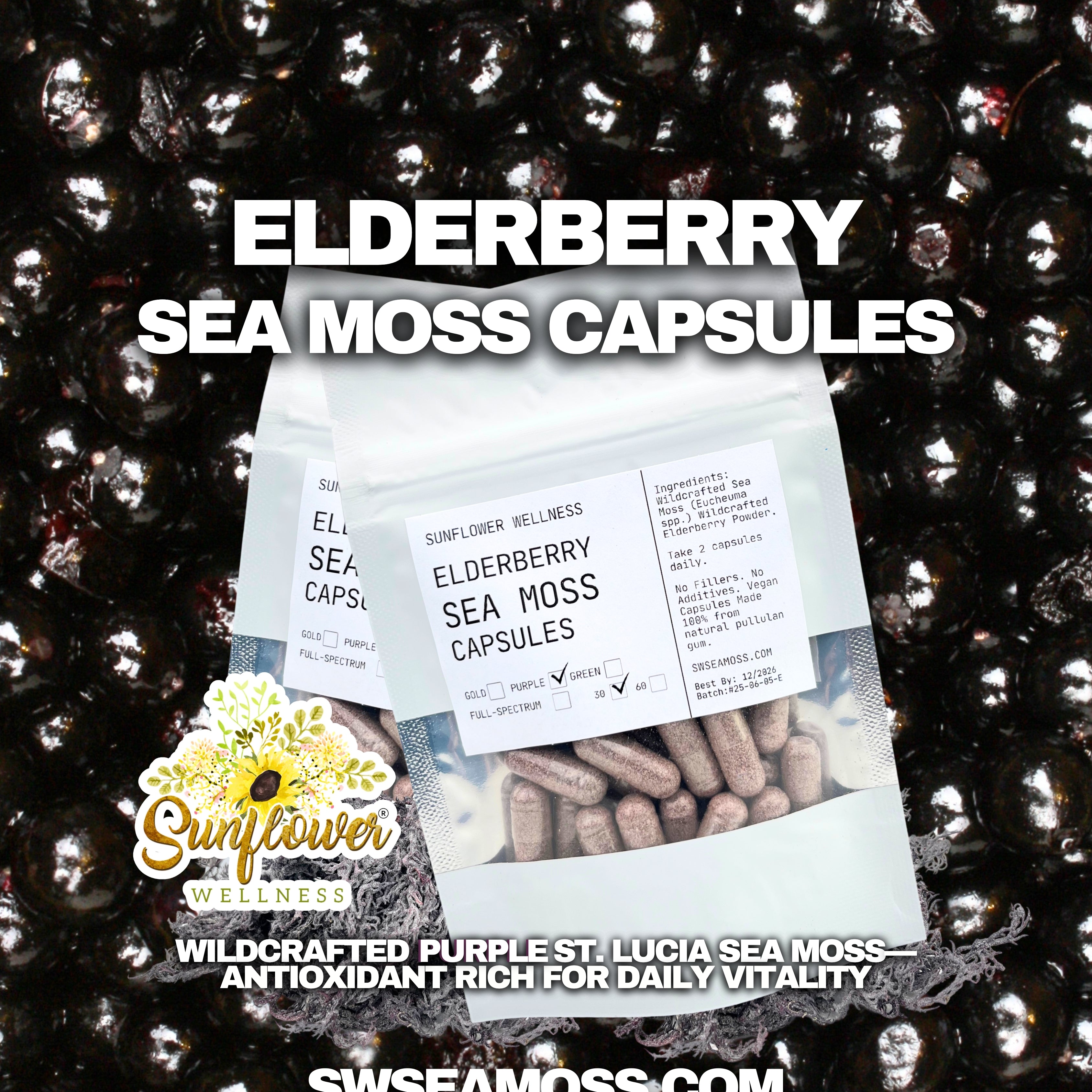 Elderberry Sea Moss Capsules packaging with sunflower logo on a black background filled with elderberries.
