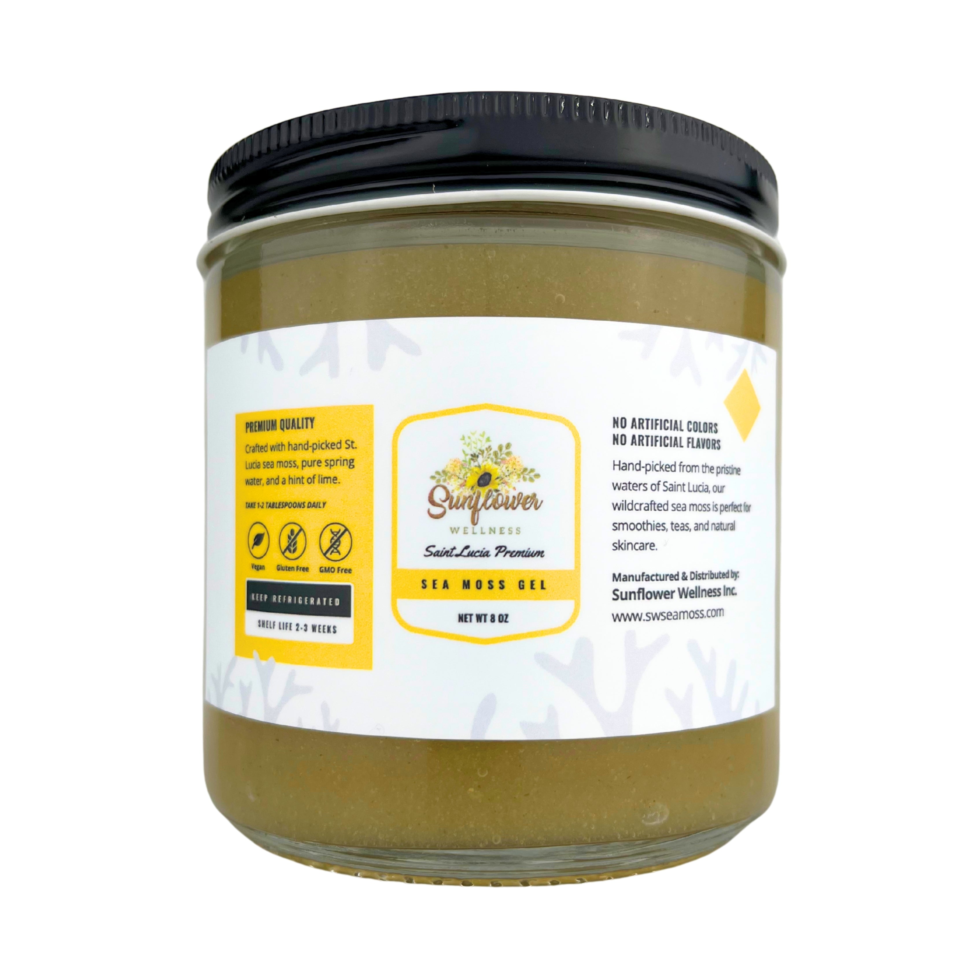 sea moss gel infused with moringa showcased in a glass gar from Sunflower Wellness, made with wildcrafted St. Lucia raw sea moss.
