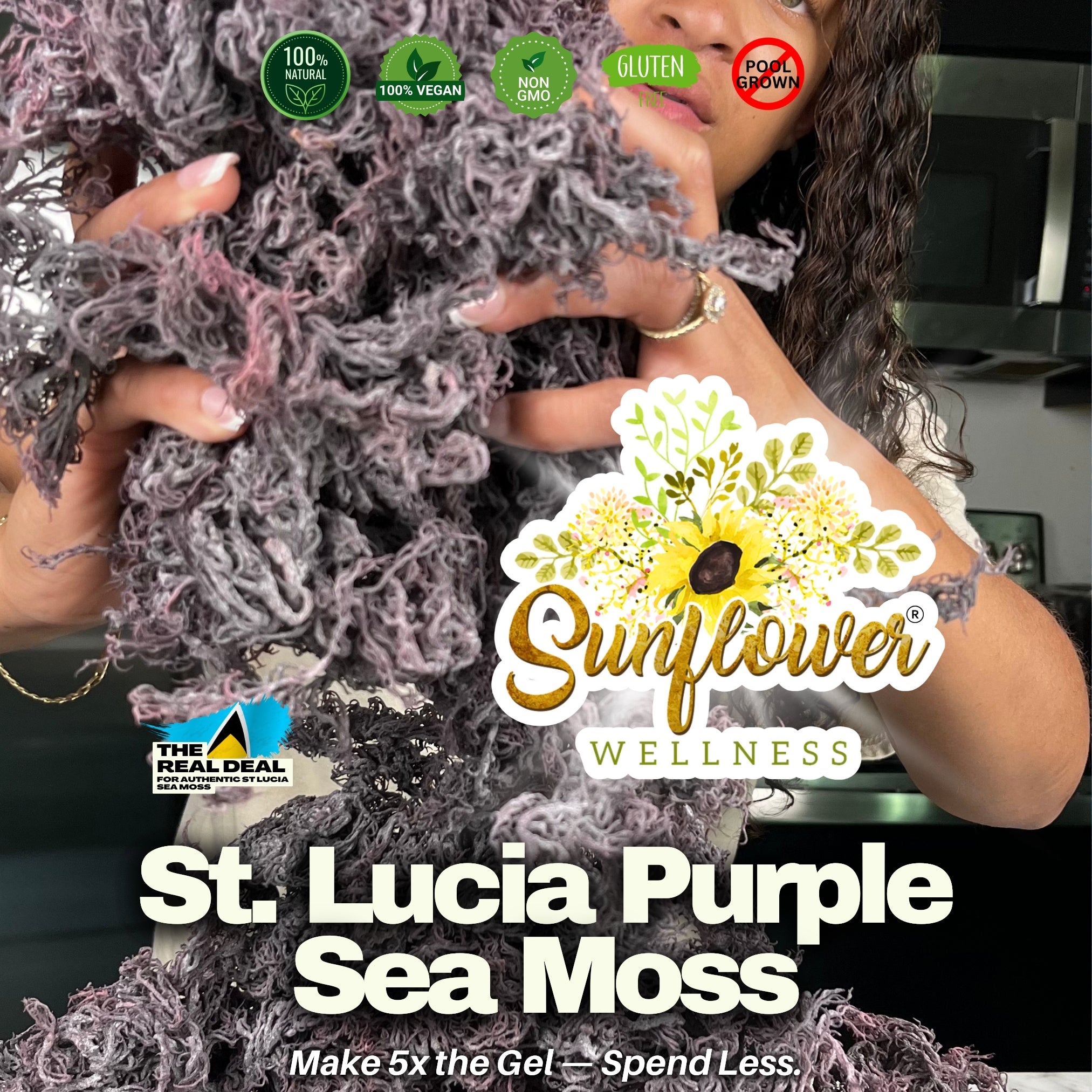 A woman holding St. Lucia raw purple sea moss along with packaging that has Sunflower Wellness branding.