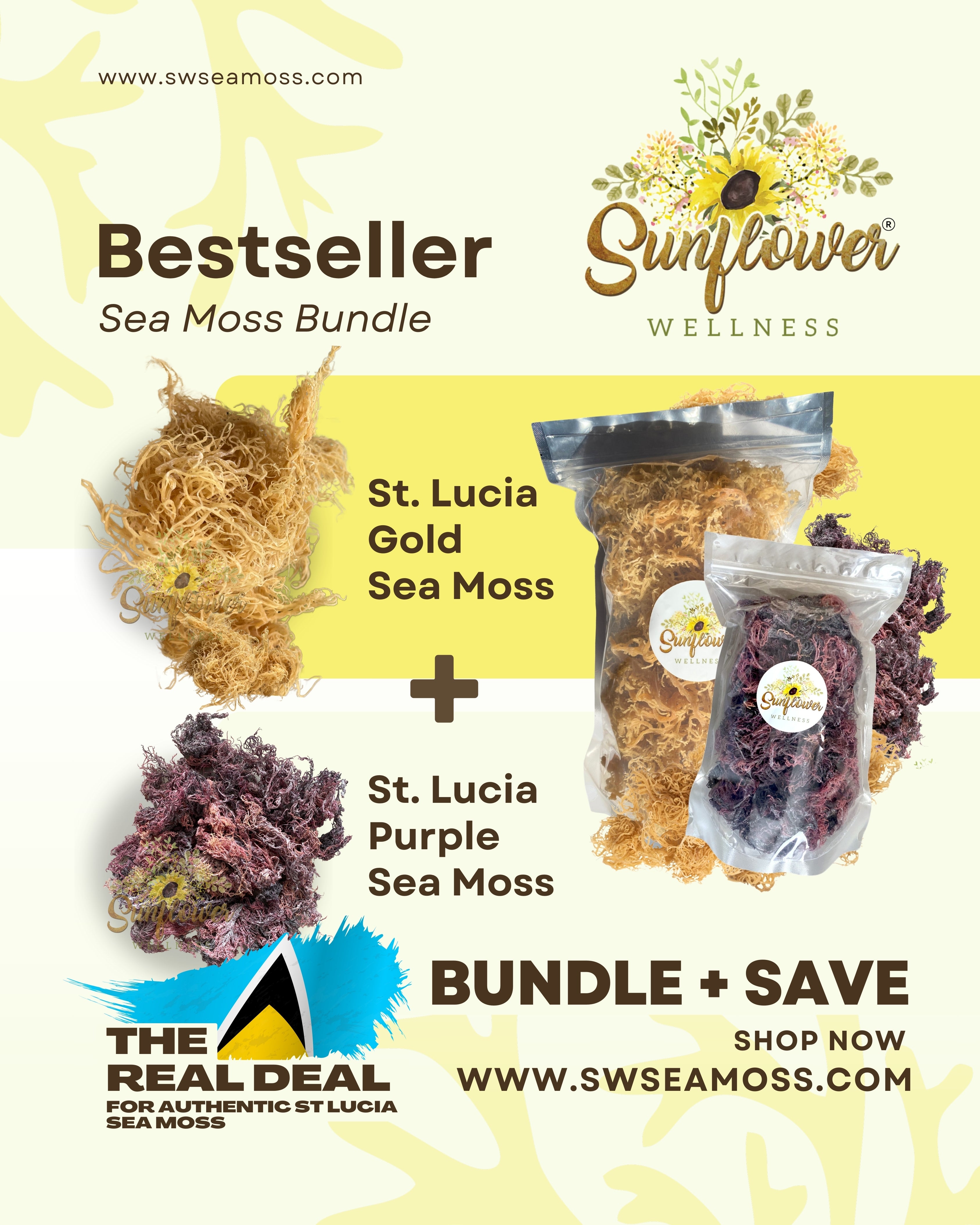 St lucia sea moss bundle featuring raw gold and purple sea moss for 1 low price.
