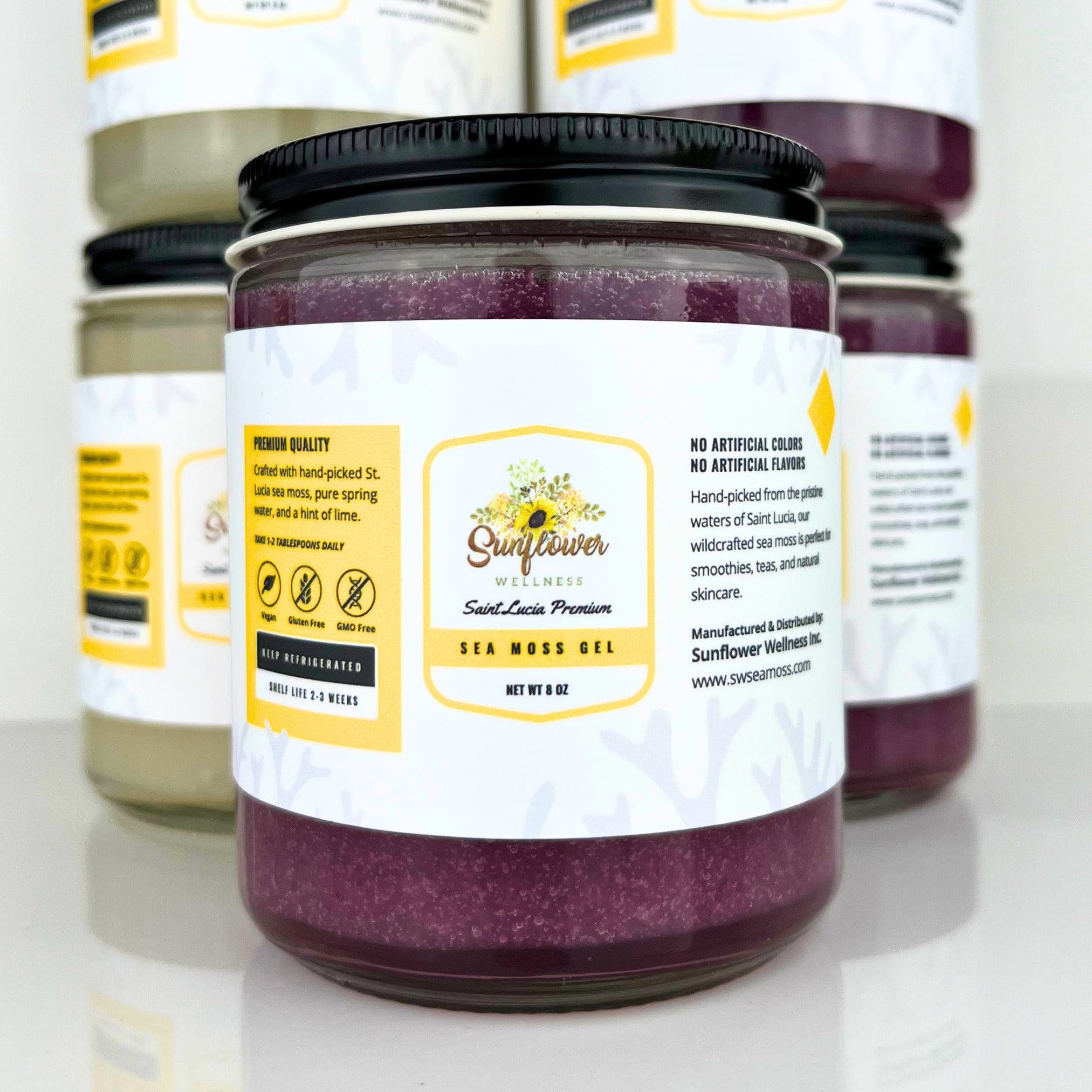 Sunflower Wellness Purple Sea Moss Gel – wildcrafted from St. Lucia’s pristine waters, rich in minerals and antioxidants. Made with real purple sea moss for vibrant color and powerful daily wellness support.