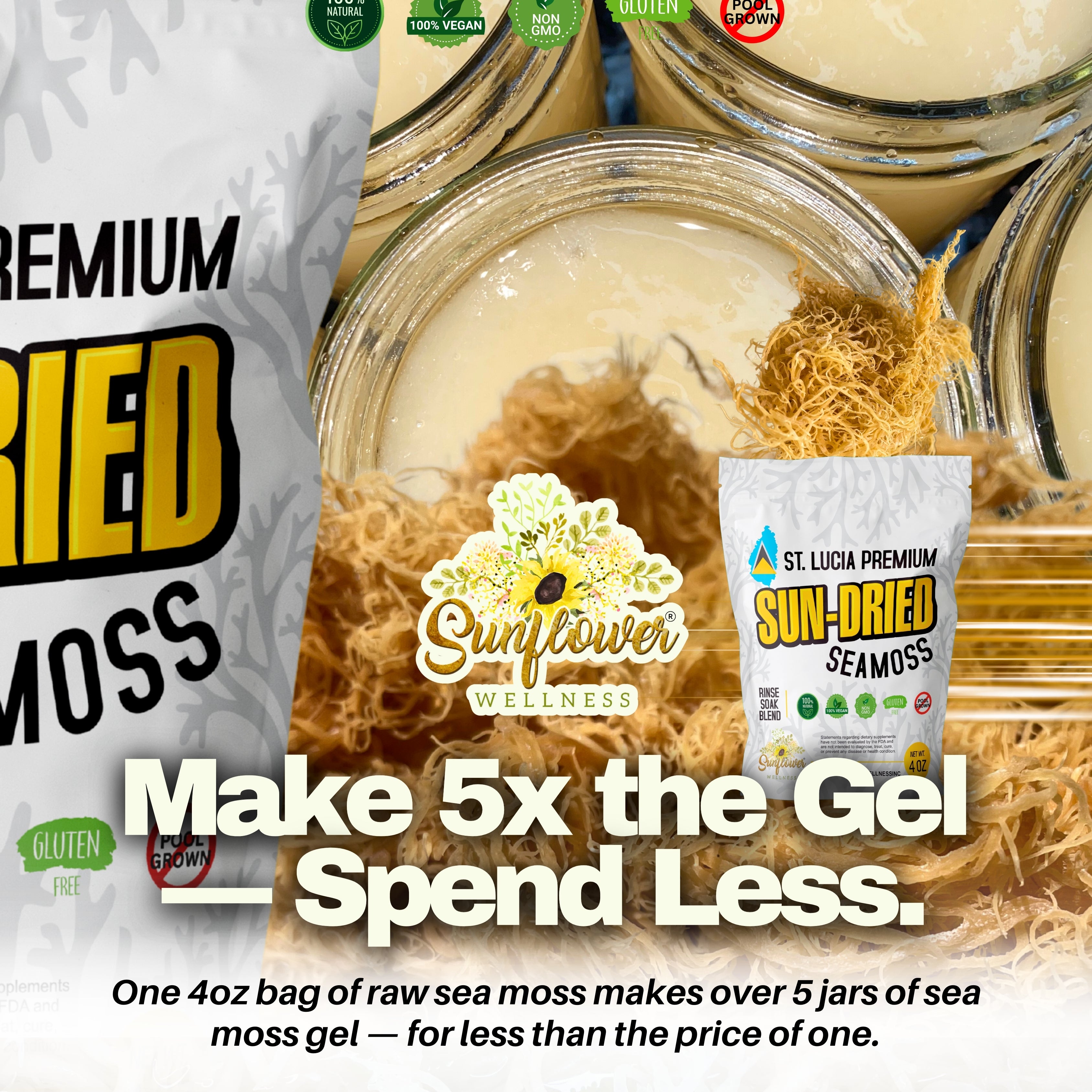 Sunflower wellness St. Lucia Sun-Dried Sea Moss with information about making your own sea moss gel at home for less.