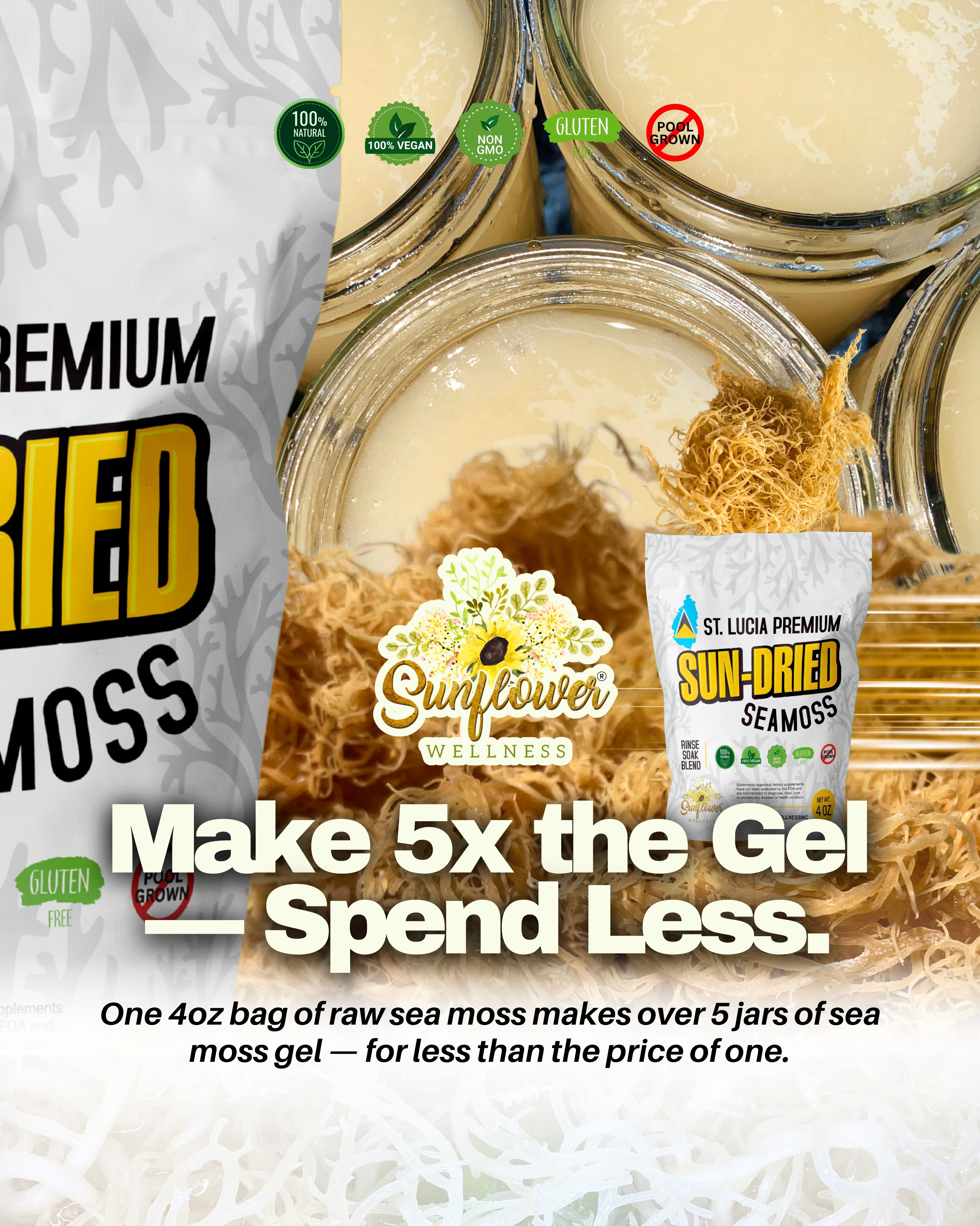 Sunflower wellness St. Lucia Sun-Dried Sea Moss with information about making your own sea moss gel at home for less.