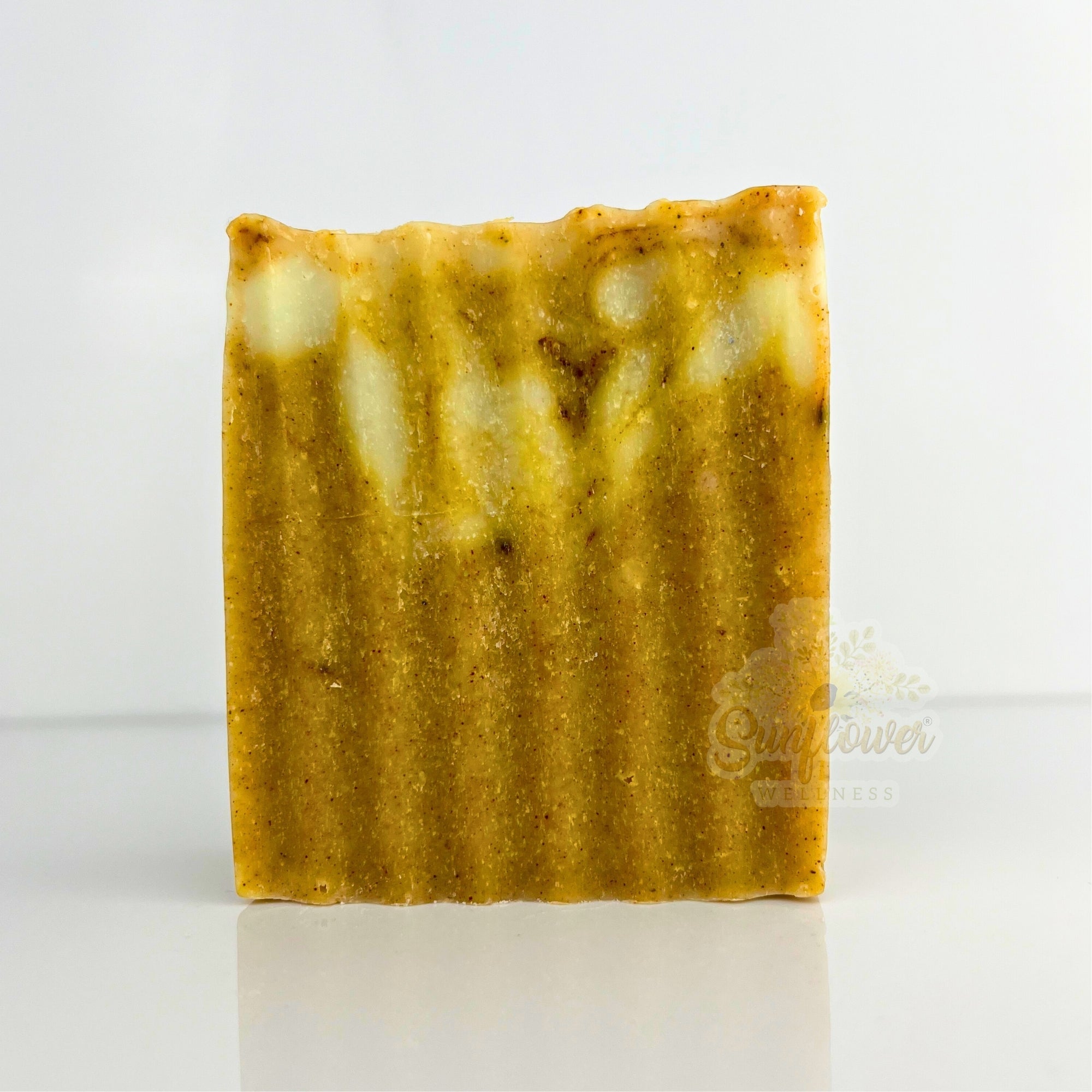 Handmade turmeric sea moss soap bar with St. Lucia wildcrafted sea moss, turmeric powder, and moisturizing oils. Natural skincare for glowing, healthy skin.
