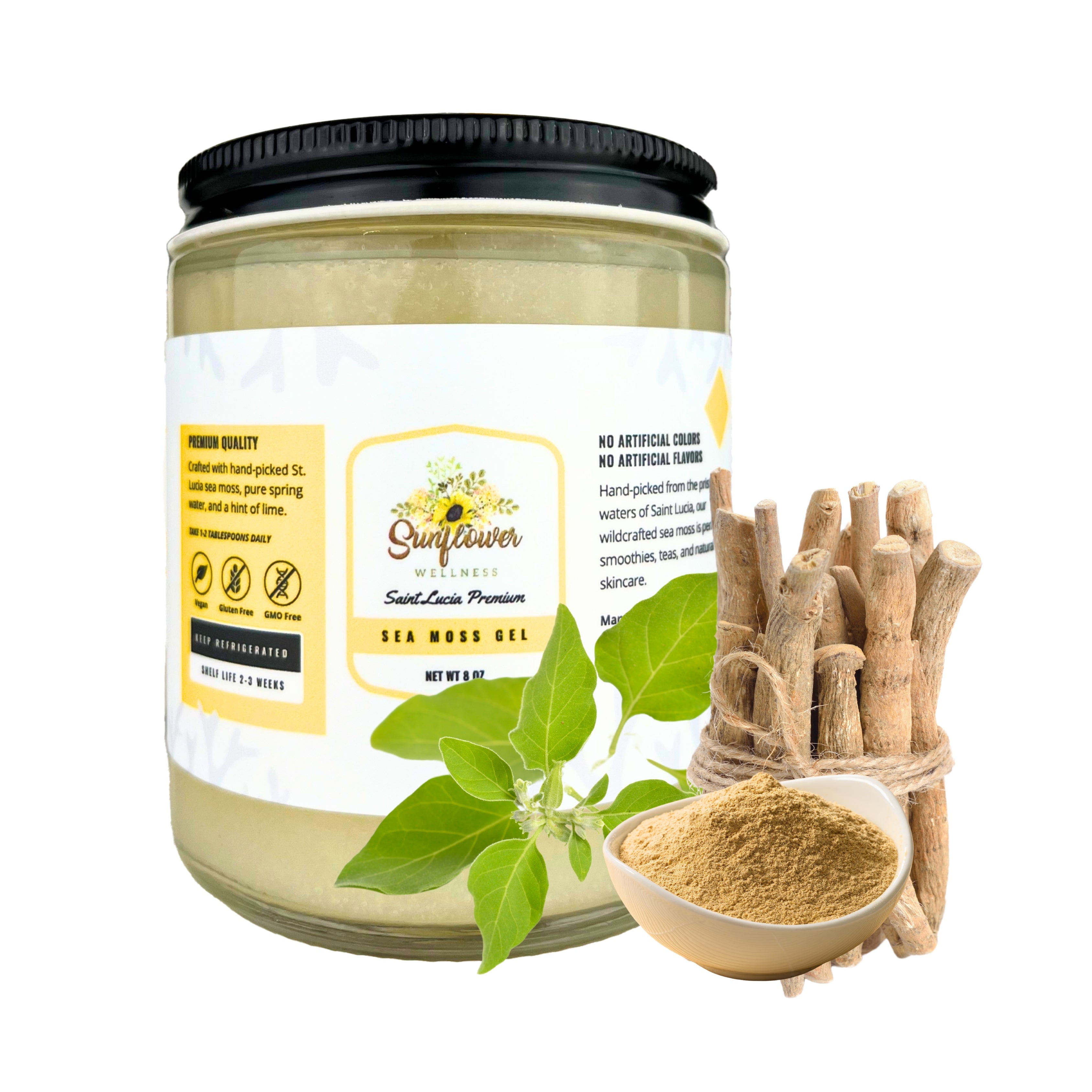 organic sea moss gel infused with Ashwagandha from Sunflower Wellness showcased in a glass jar with organic shwagandha powder.