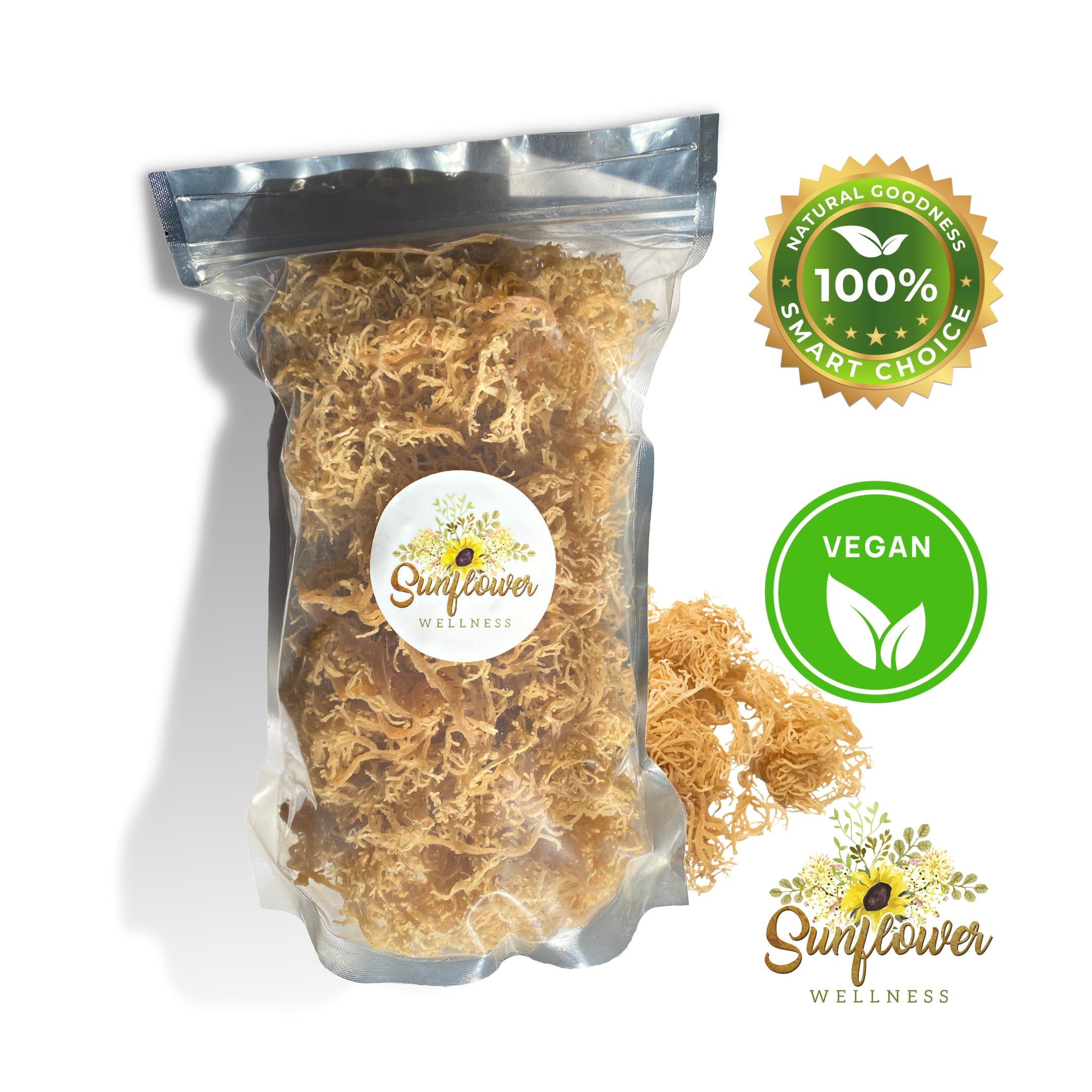 wildcrafted sea moss from st lucia in gold in a sunflower wellness branded bag