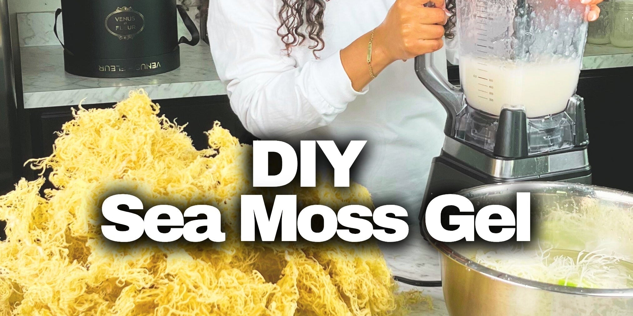 Raw gold sea moss being prepared into gel at home. A bowl of sea moss soaking in water, a blender, finished sea moss gel in glass jars, and dried sea moss on the counter.