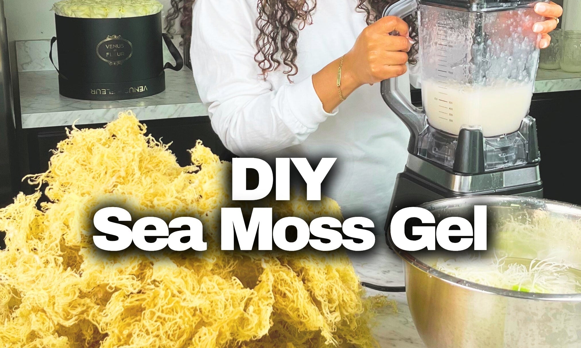 Raw gold sea moss being prepared into gel at home. A bowl of sea moss soaking in water, a blender, finished sea moss gel in glass jars, and dried sea moss on the counter.