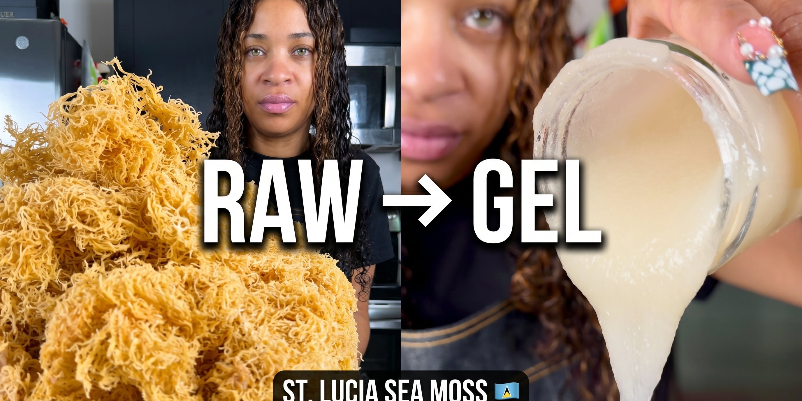 a side by side visual of raw gold sea moss on the right and sea moss gel on the left. Showing the before and after.