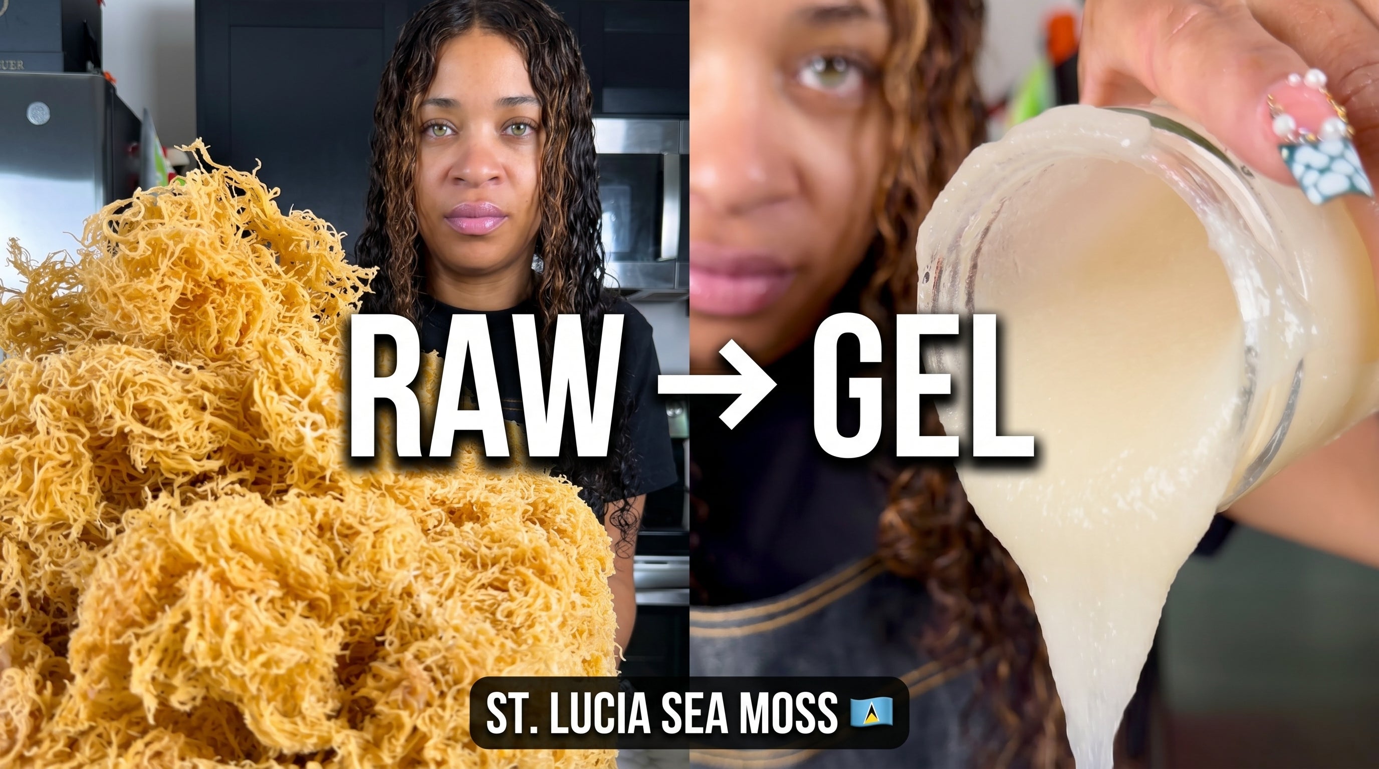 a side by side visual of raw gold sea moss on the right and sea moss gel on the left. Showing the before and after.