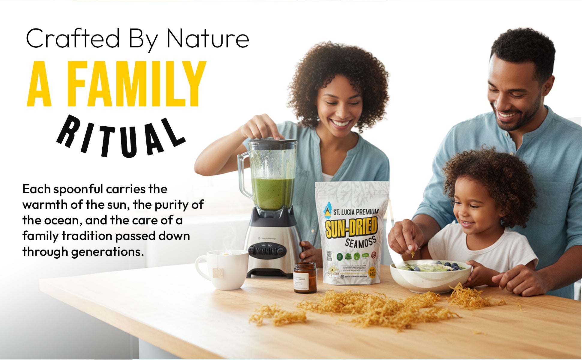 Family preparing a sea moss together with a blender and raw gold seamoss  on a table, featuring text about a family ritual.