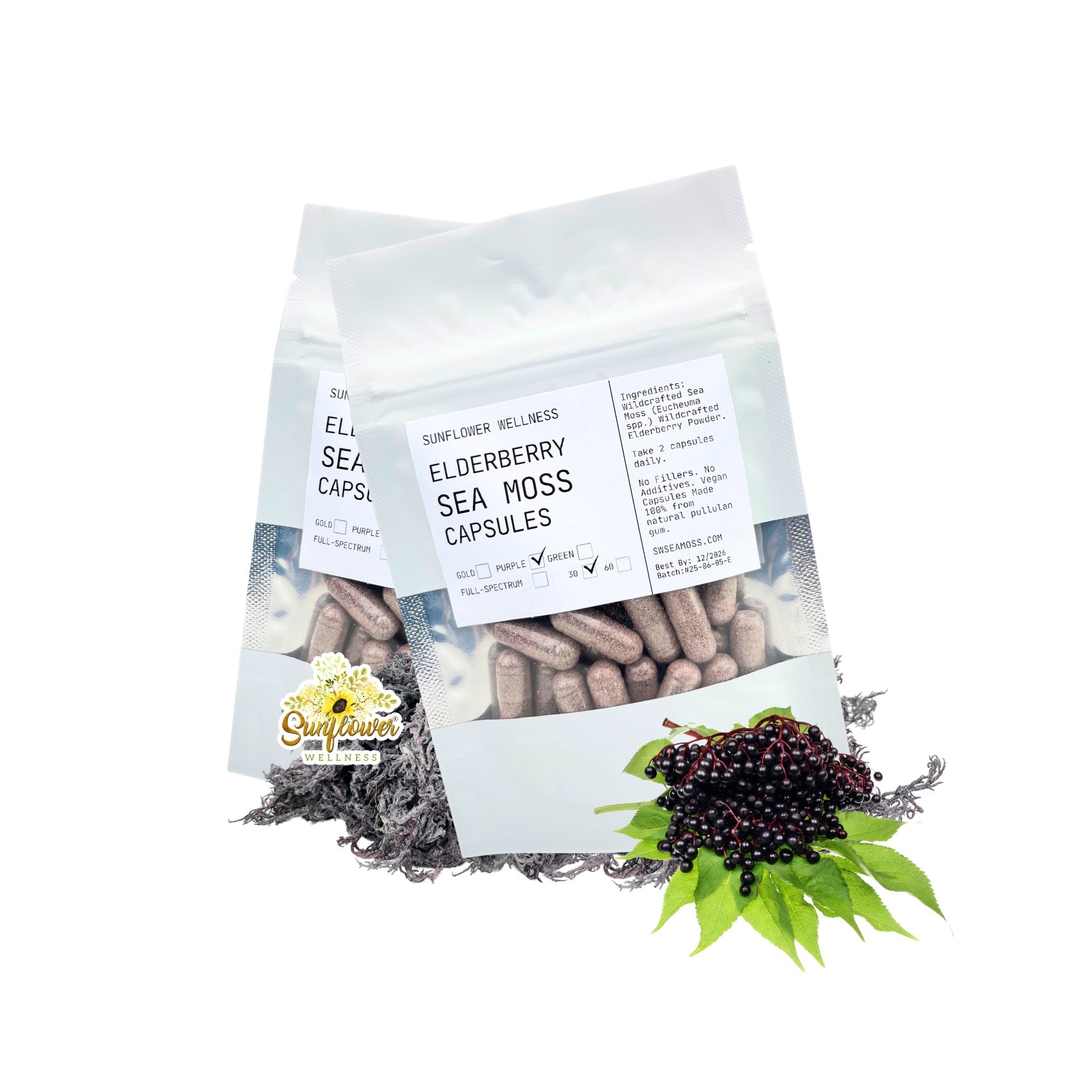 Elderberry Sea Moss Capsules with elderberries and purple sea moss on a white background by sunflower wellness.