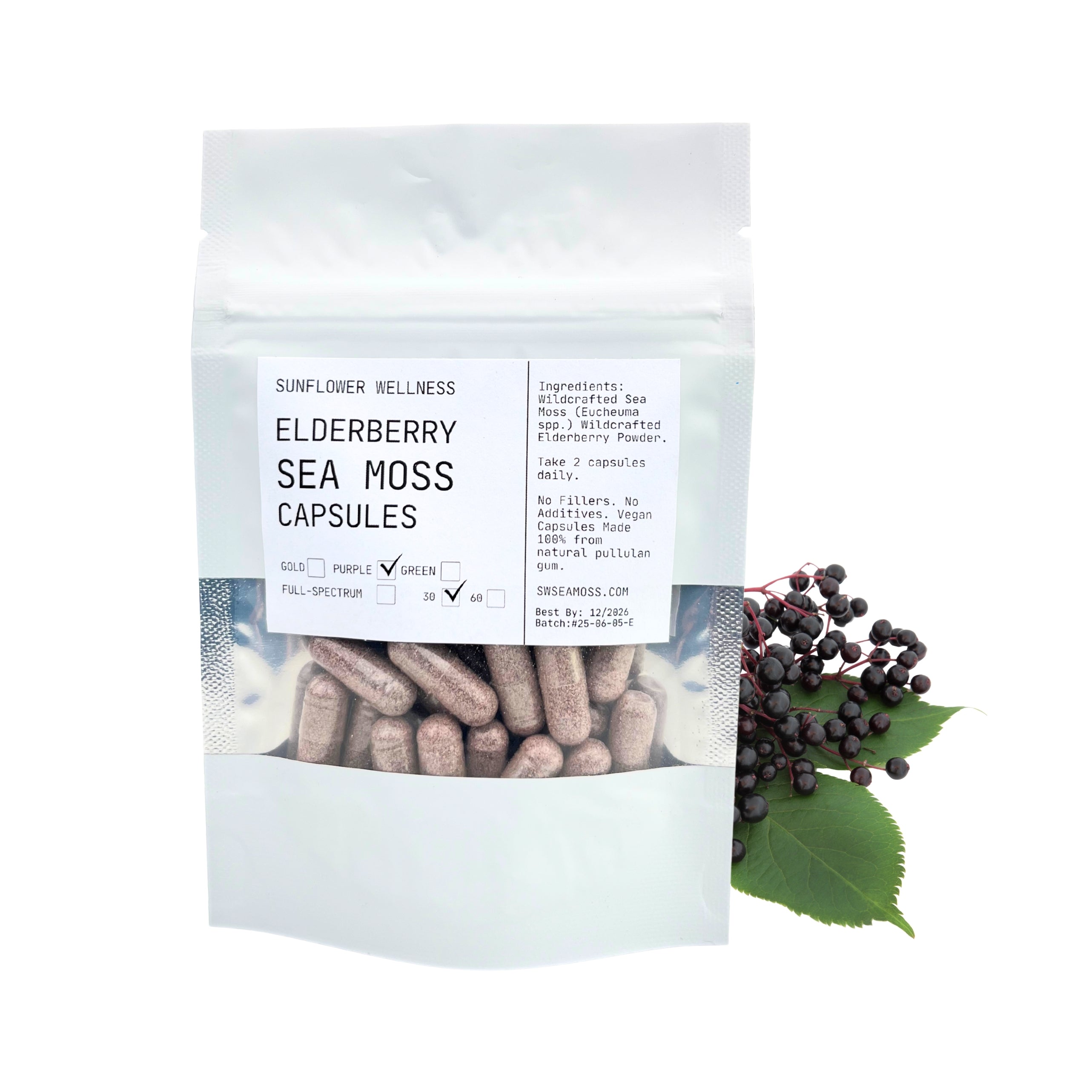 Pack of Elderberry Sea Moss Capsules with packaging and ingredients listed on a white background from Sunflower Wellness.
