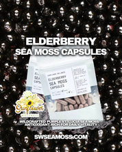 Elderberry Sea Moss Capsules packaging with sunflower logo on a black background filled with elderberries.