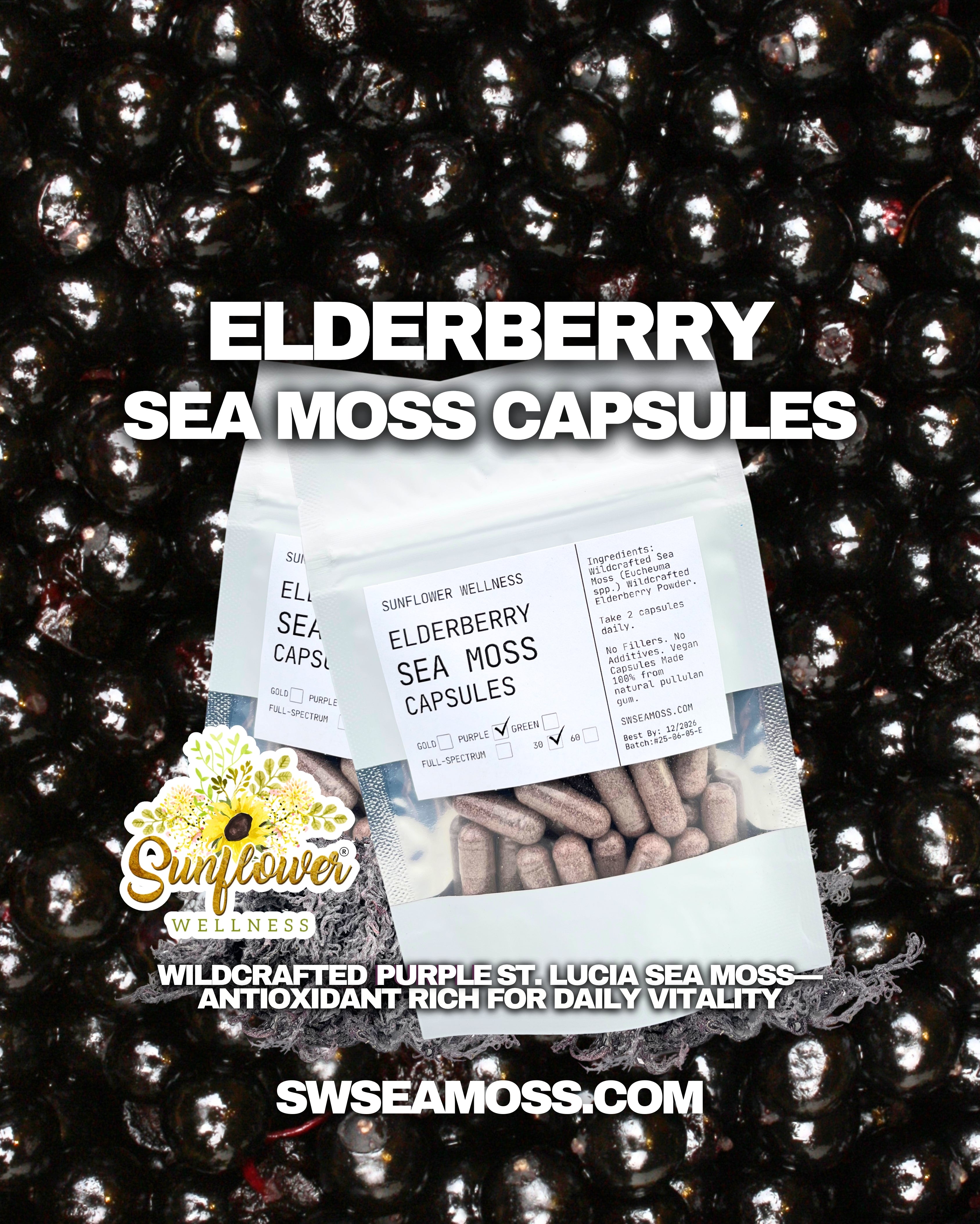 Elderberry Sea Moss Capsules packaging with sunflower logo on a black background filled with elderberries.