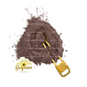 Elderberry purple sea moss powder with a gold scoop on a white background, featuring Sunflower Wellness logo.