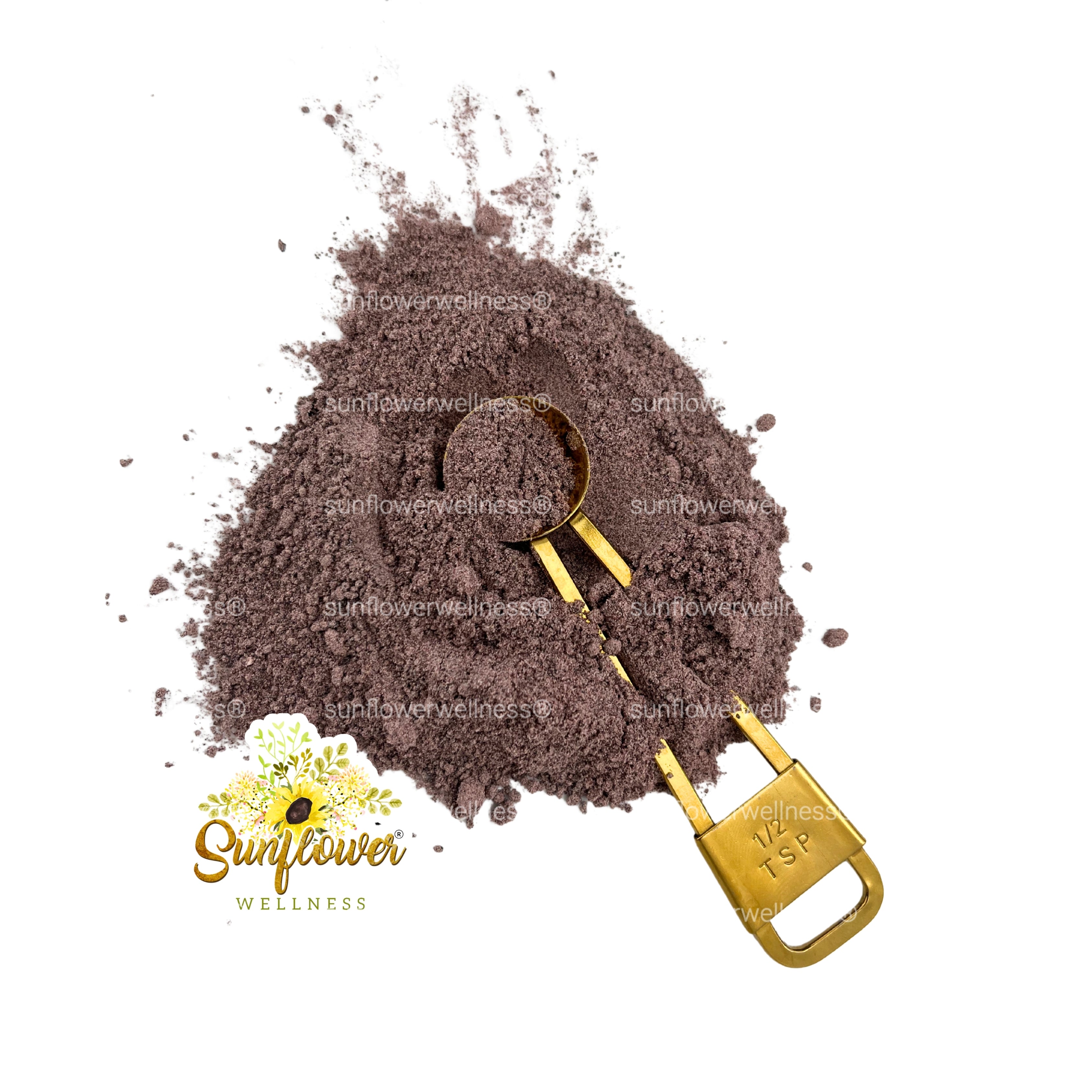 Elderberry purple sea moss powder with a gold scoop on a white background, featuring Sunflower Wellness logo.