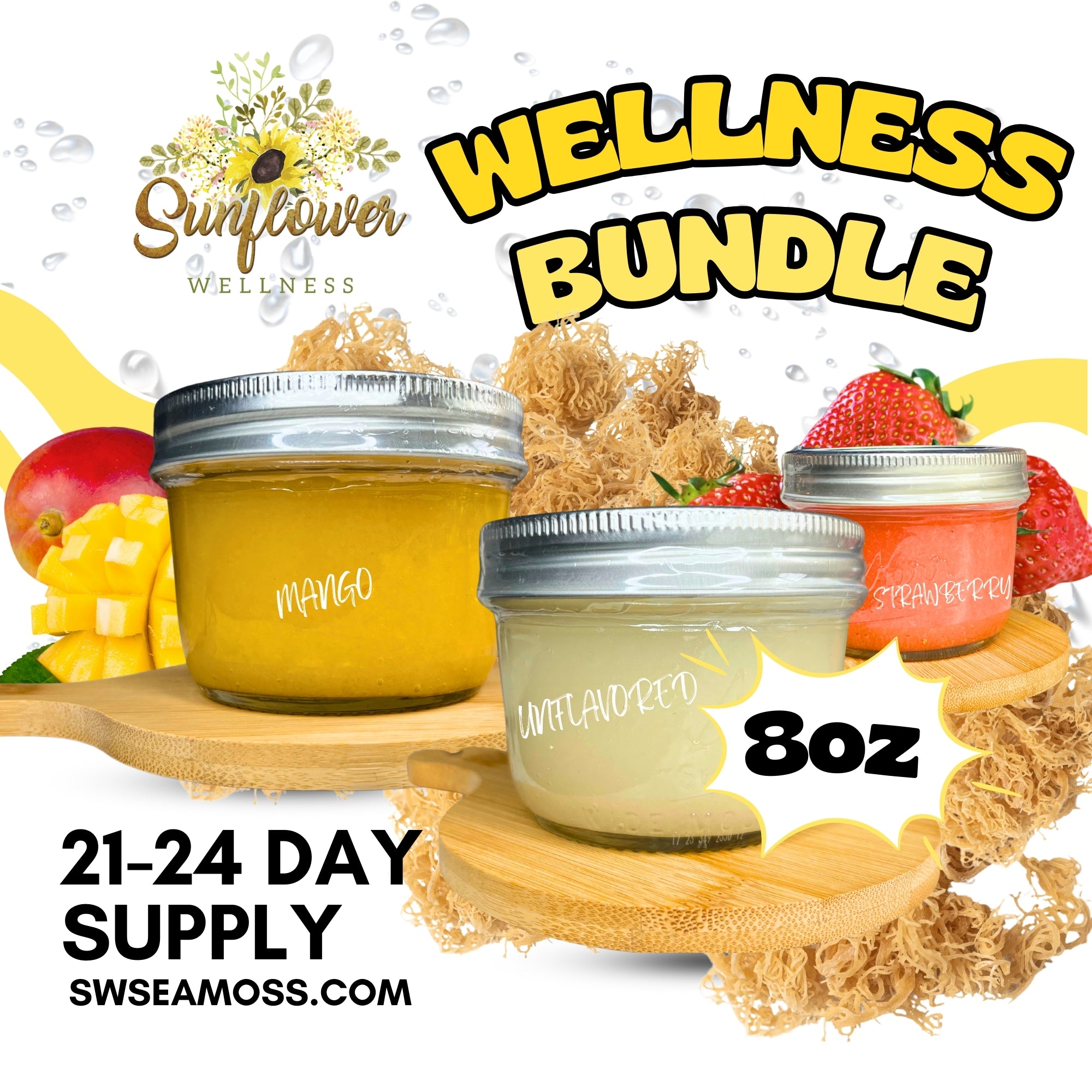 Fall Wellness sea moss gel collection with Gold, Mango, and Strawberry flavors.