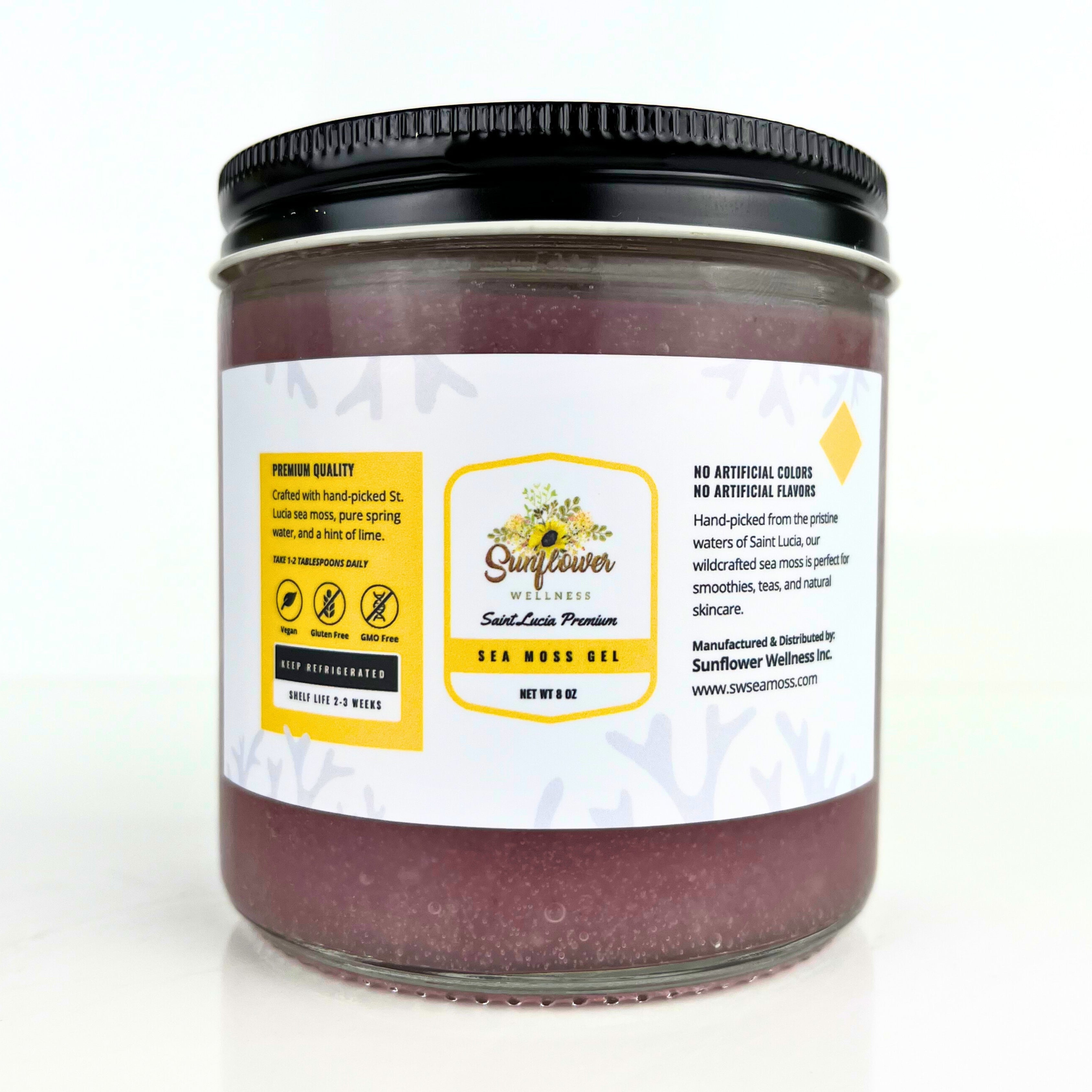 8oz jar of Sunflower Wellness Full Spectrum Sea Moss Gel made with wildcrafted St. Lucia sea moss, labeled as vegan, gluten-free, and GMO-free with no artificial flavors or colors.