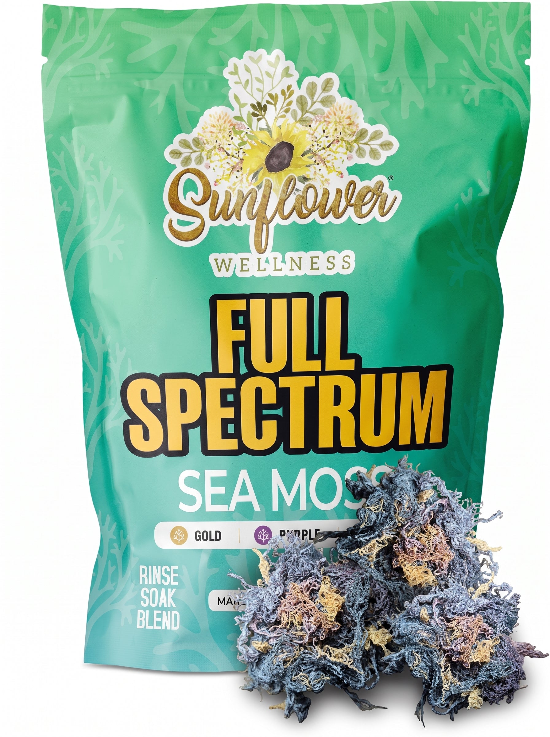 Sunflower Wellness Full Spectrum raw Sea Moss in a green stand-up pouch