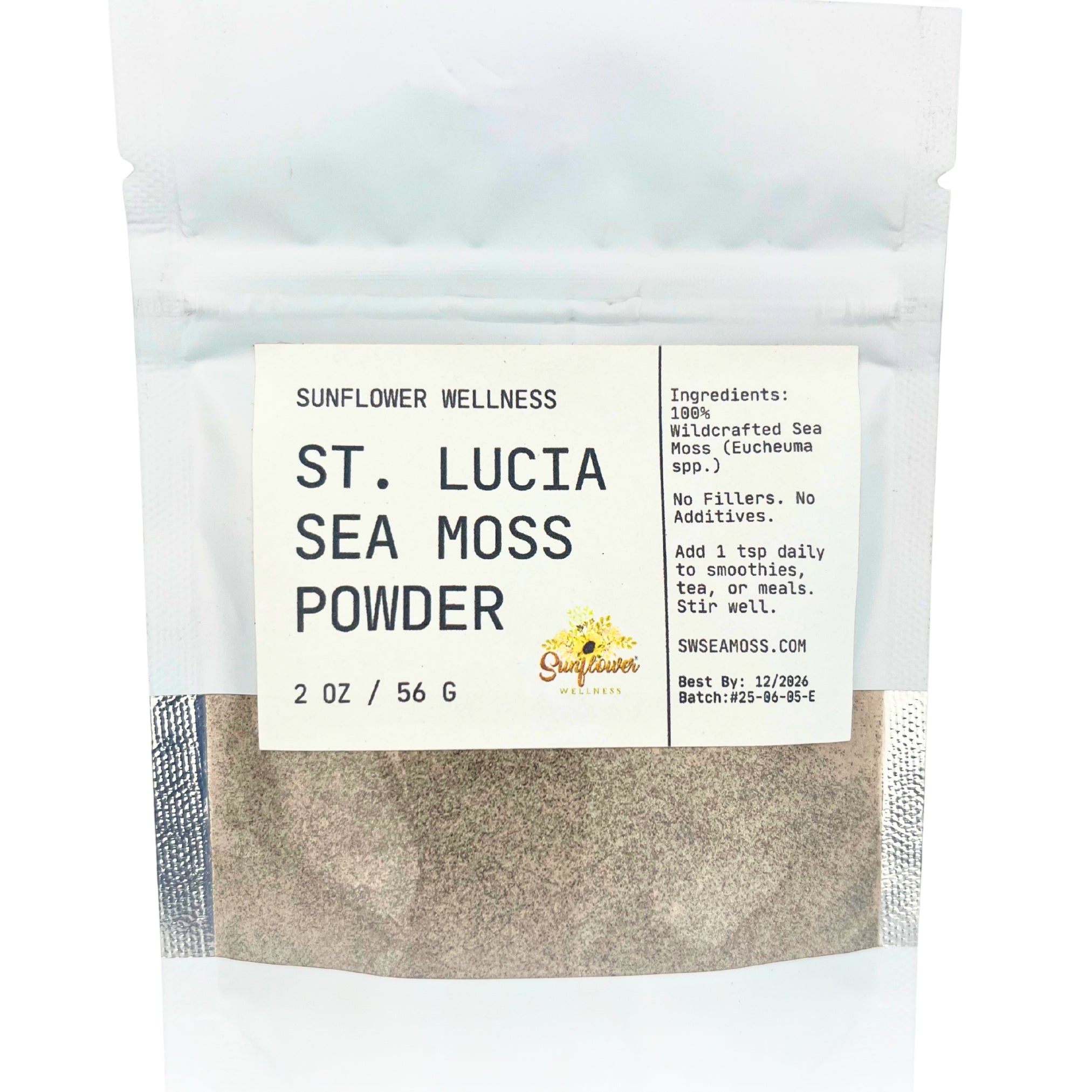 Package of St. Lucia green Sea Moss Powder with a label on a textured beige background from Sunflower Wellness.