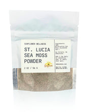 Package of St. Lucia green Sea Moss Powder with a label on a textured beige background from Sunflower Wellness.