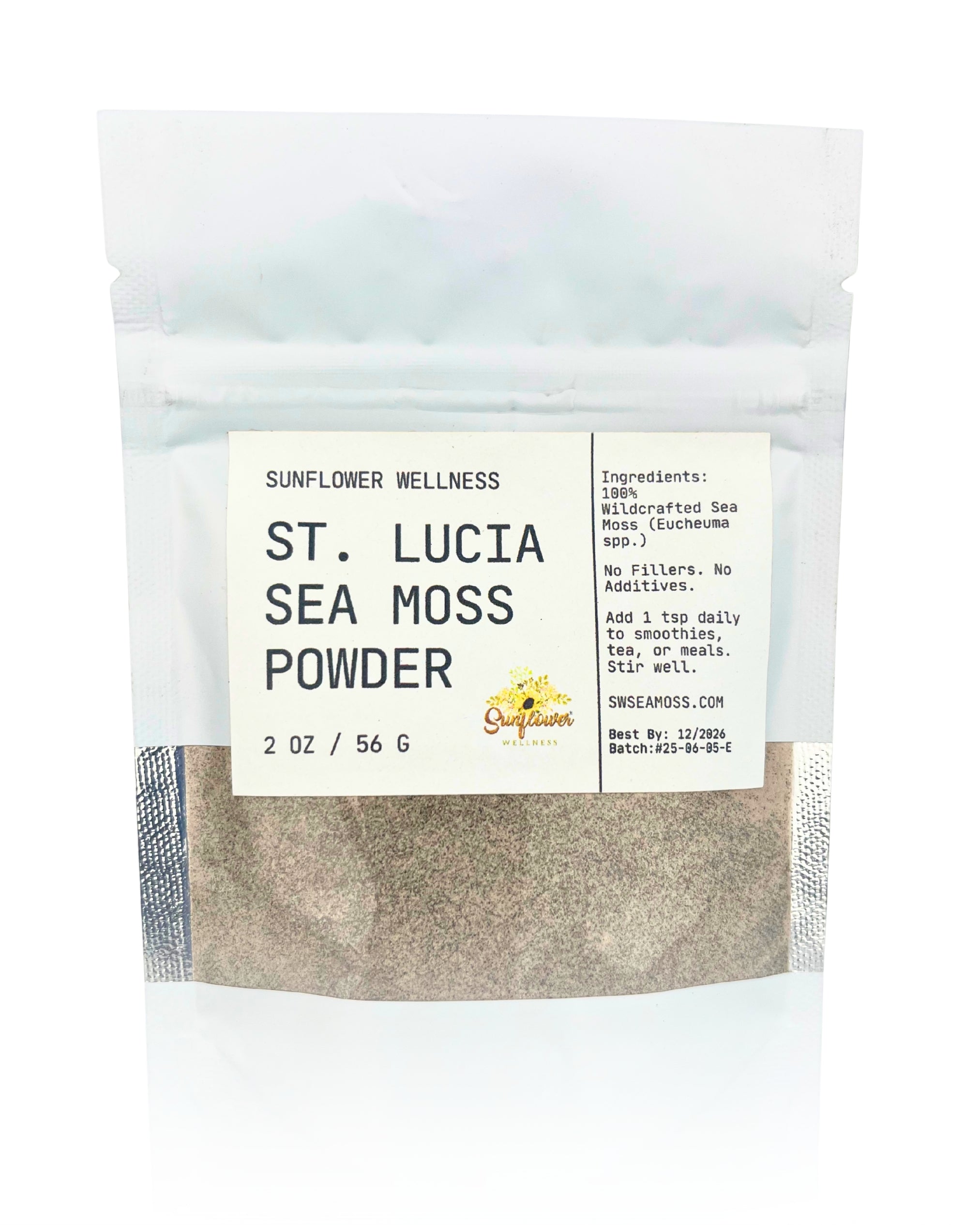 Package of St. Lucia green Sea Moss Powder with a label on a textured beige background from Sunflower Wellness.