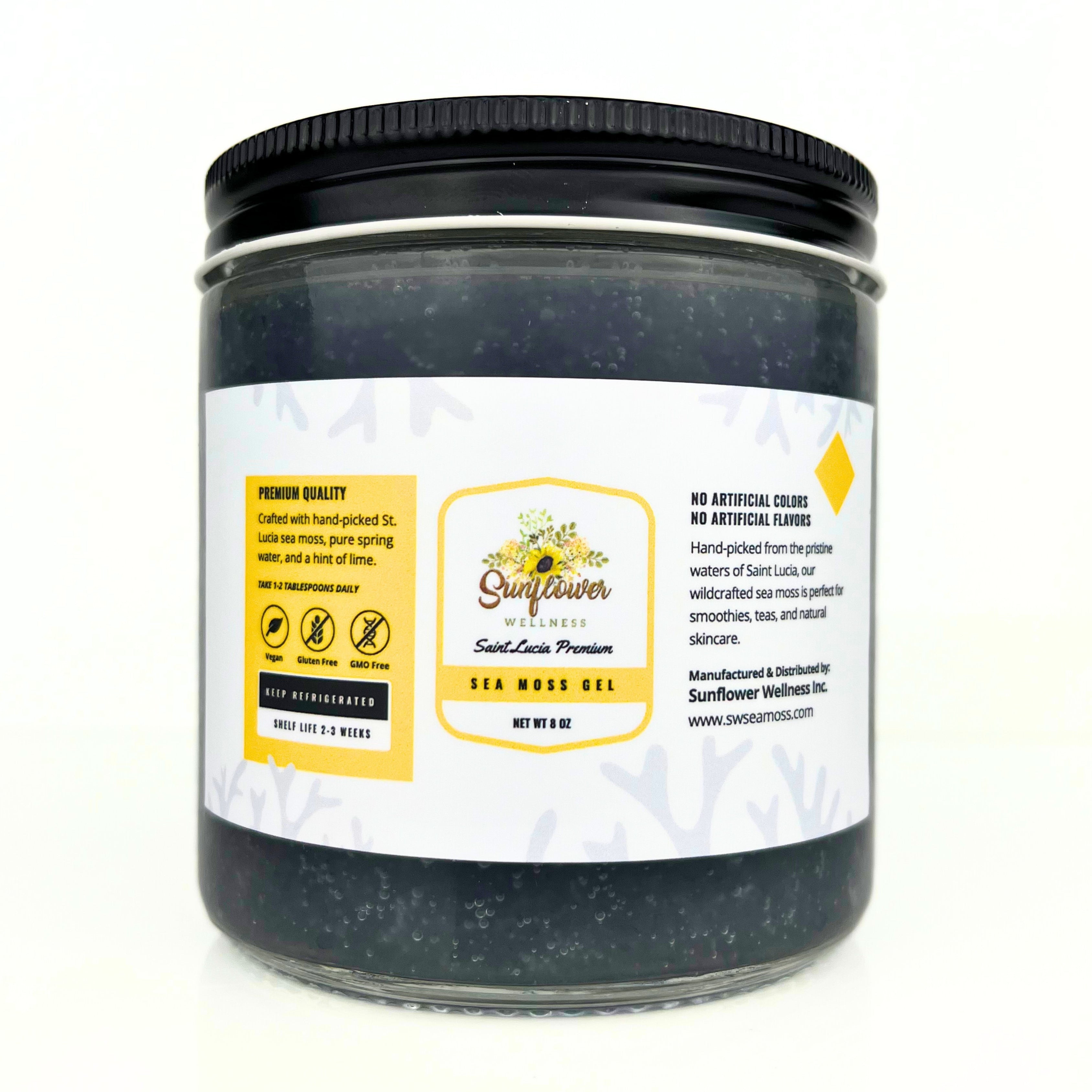 Sunflower Wellness Green Sea Moss Gel – wildcrafted from St. Lucia, vegan, gluten-free, GMO-free, no artificial colors or flavors, ideal for smoothies, skincare, and daily wellness.