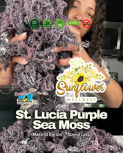 A woman holding St. Lucia raw purple sea moss along with packaging that has Sunflower Wellness branding.