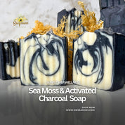 Cold process vegan soap made with sea moss, activated charcoal, and natural oils.