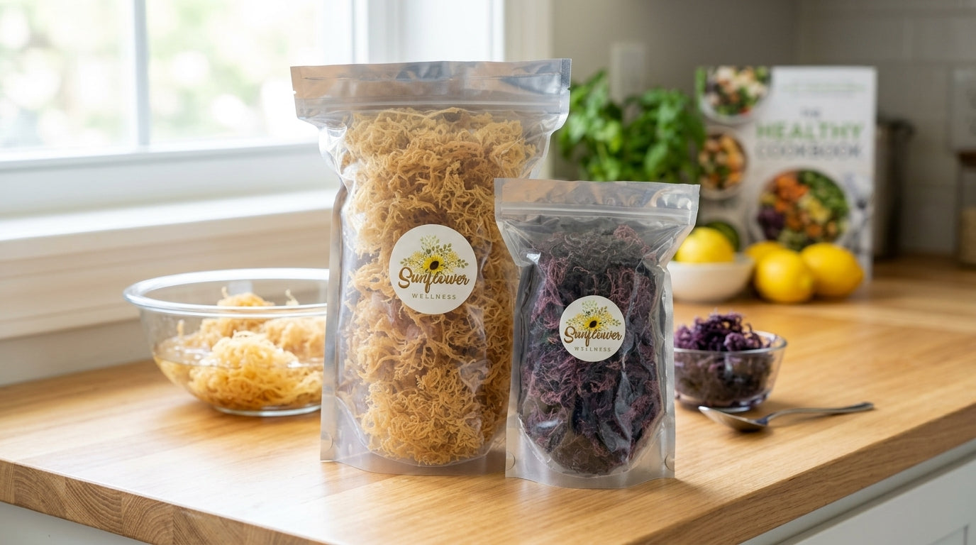 Sunflower Wellness St. Lucia sea moss in gold and purple varieties, packaged raw and shown with prepared sea moss gel on a kitchen counter.