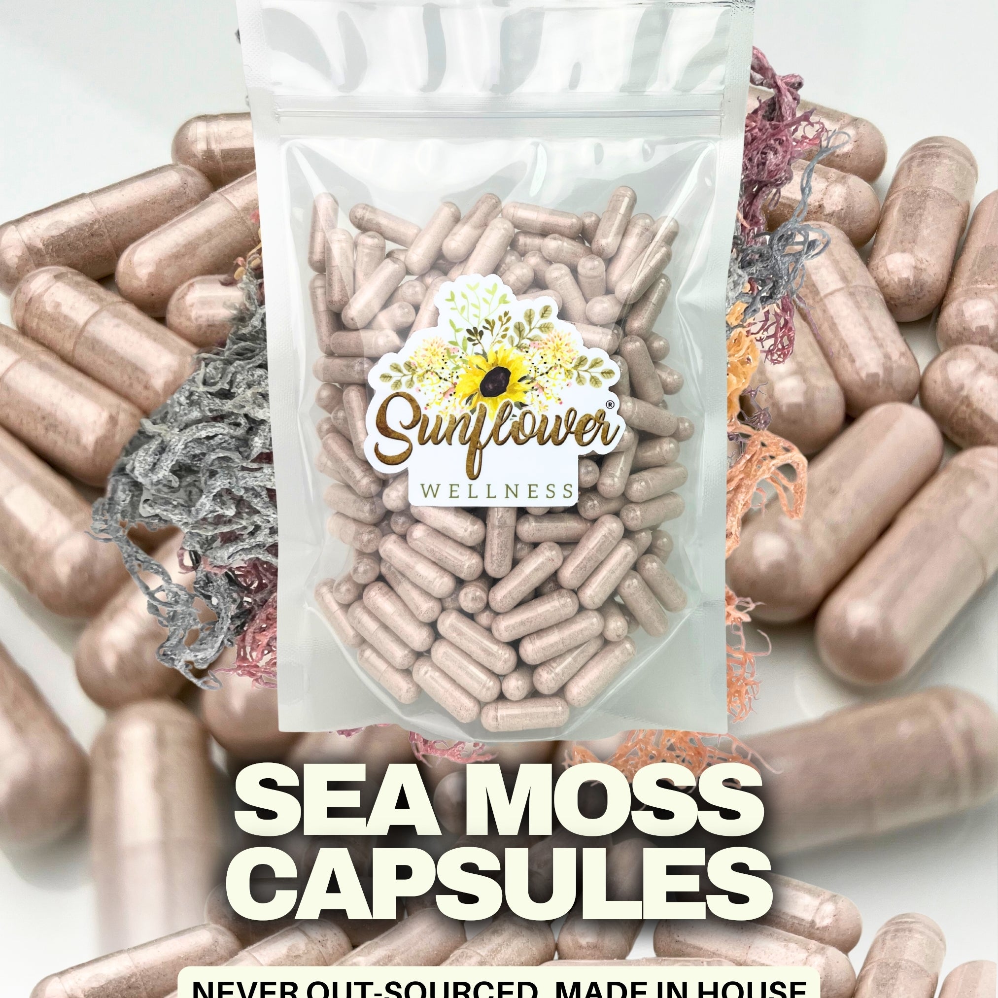 Sea moss capsules with Sunflower Wellness logo on a white background.