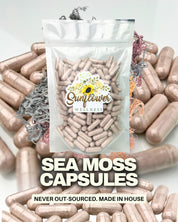 Sea moss capsules with Sunflower Wellness logo on a white background.