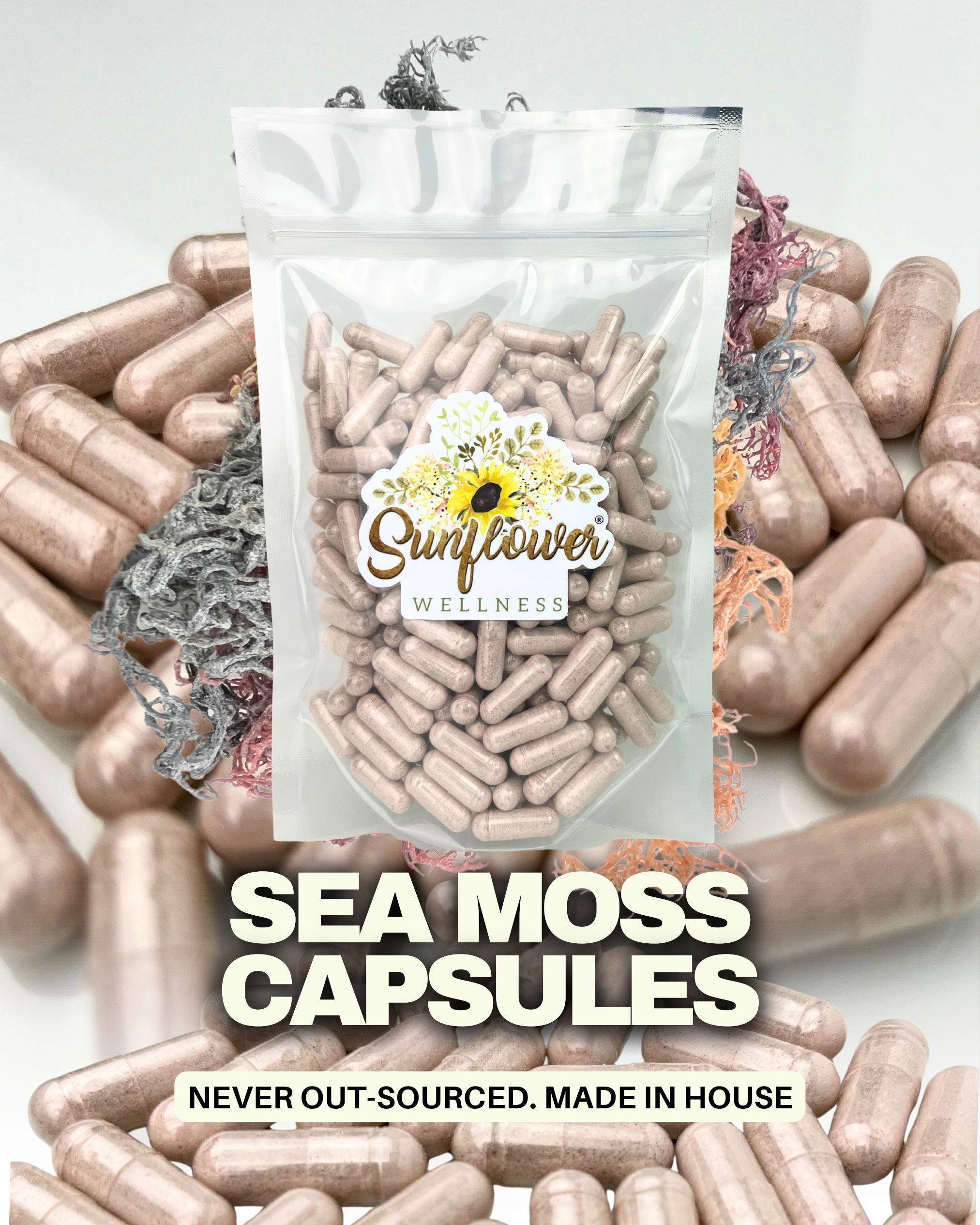 Sea moss capsules with Sunflower Wellness logo on a white background.