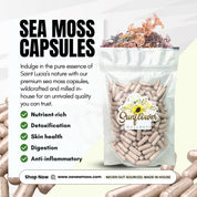 Sea moss capsule benefits with packaging and branding on a white background