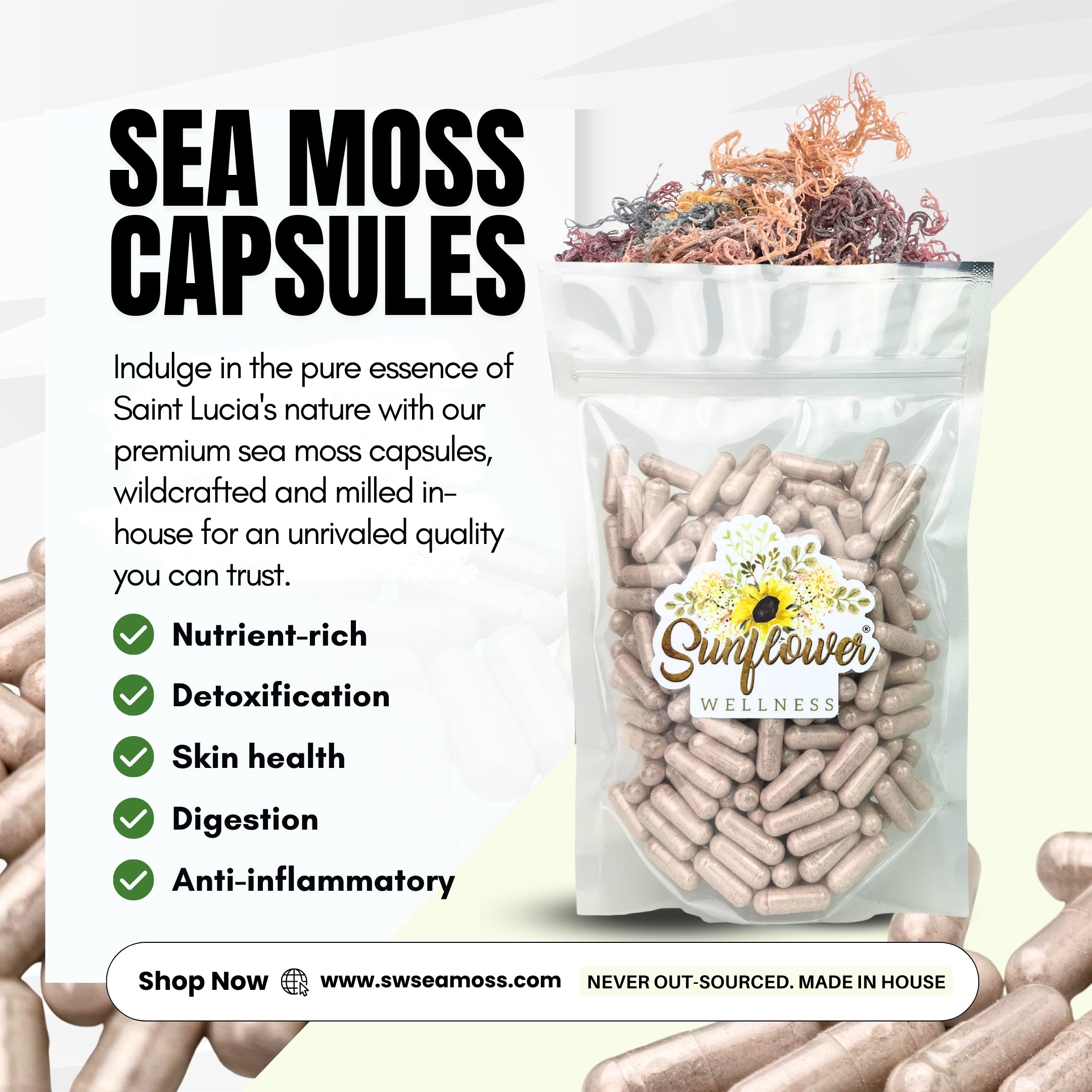 Sea moss capsule benefits with packaging and branding on a white background