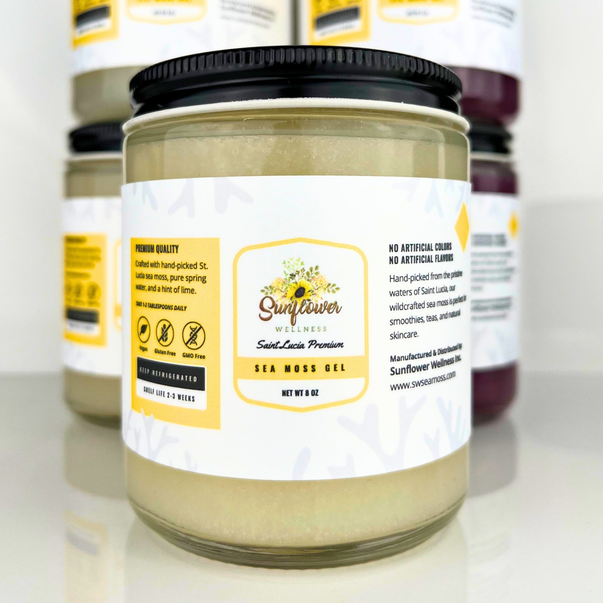  Sunflower Wellness Gold Sea Moss Gel – premium wildcrafted St. Lucia sea moss, handcrafted with pure spring water and lime. All-natural, GMO-free, gluten-free superfood for smoothies, teas, and skincare.