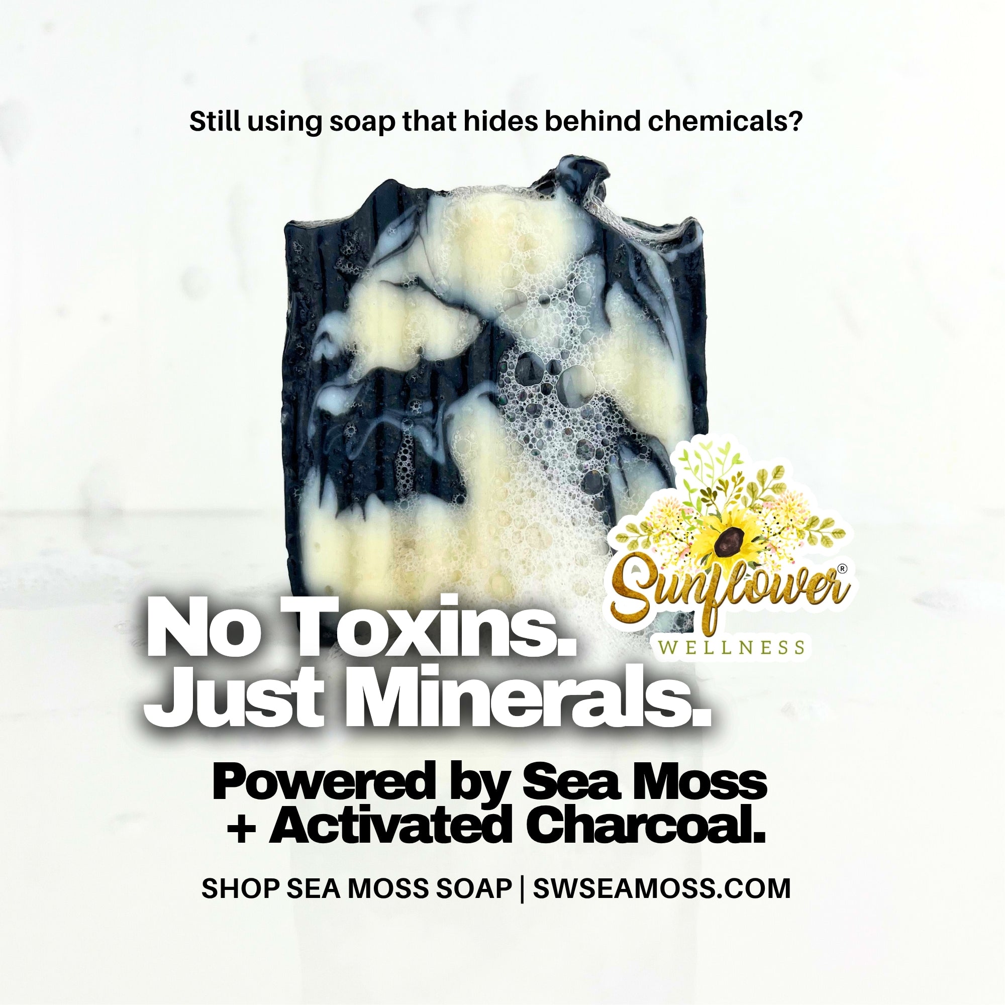Non toxic sea moss soap bar with activated charcoal by Sunflower Wellness.