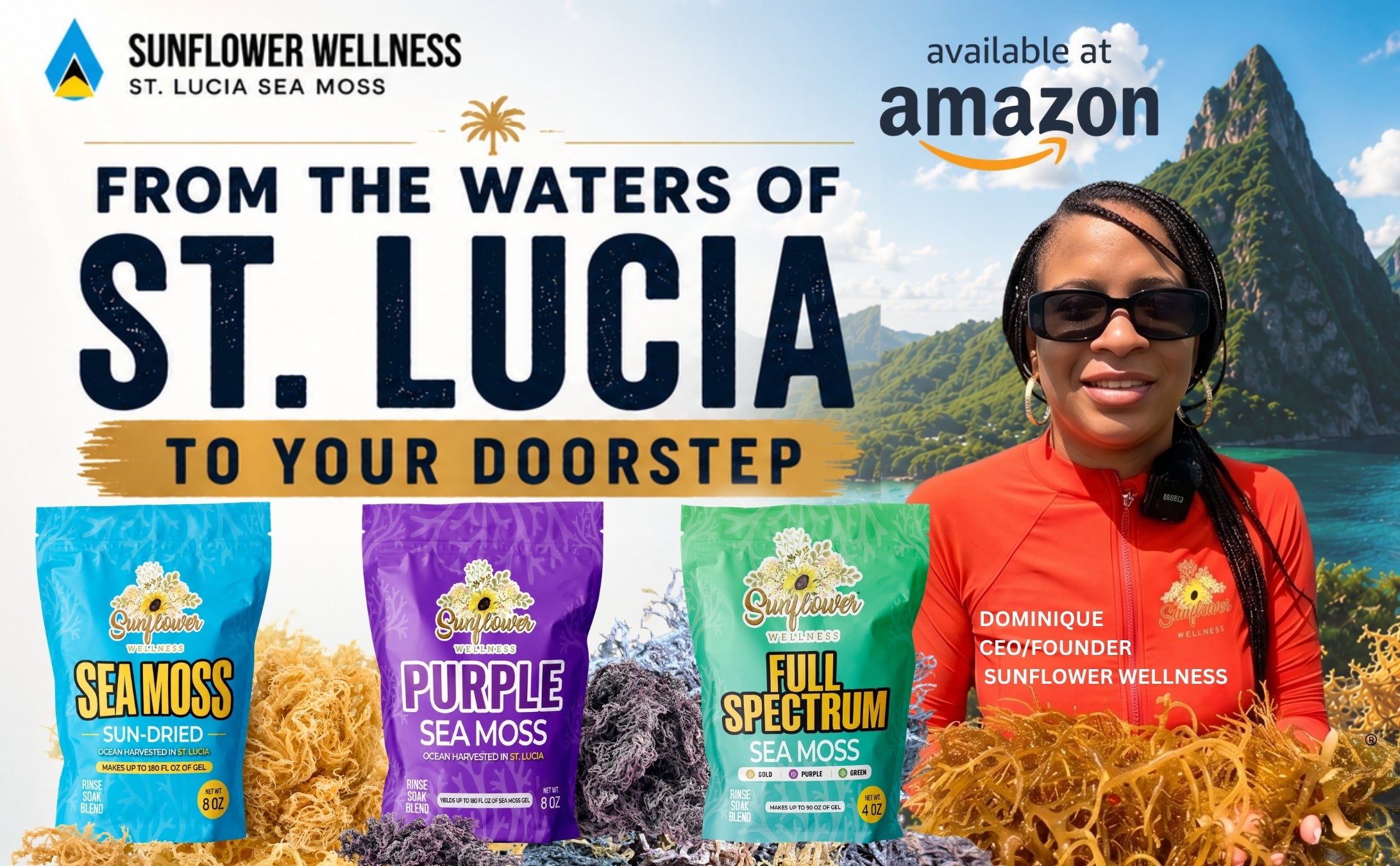 Promotional graphic for Sunflower Wellness Sea Moss featuring three colorful bags of sea moss (blue, purple, and green) at the bottom, a large mountain landscape background, and a smiling woman in a red zip-up jacket on the right. Text reads 'FROM THE WATERS OF ST. LUCIA'