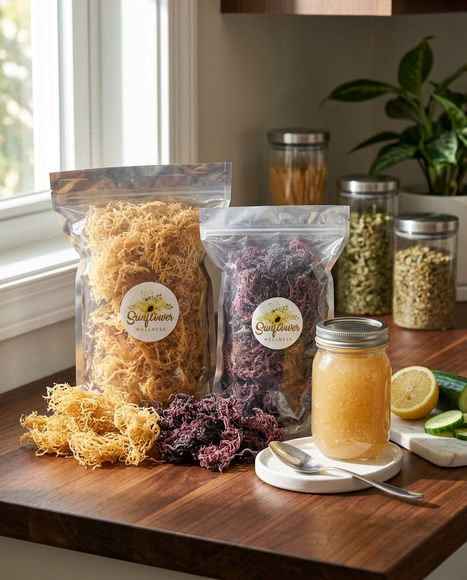 Sunflower Wellness St. Lucia sea moss in gold and purple varieties, packaged raw and shown with prepared sea moss gel on a kitchen counter.