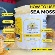 how to use sea moss gel either by the spoon, in tea, in applesauce, oatmeal, in juices, or in smoothies.