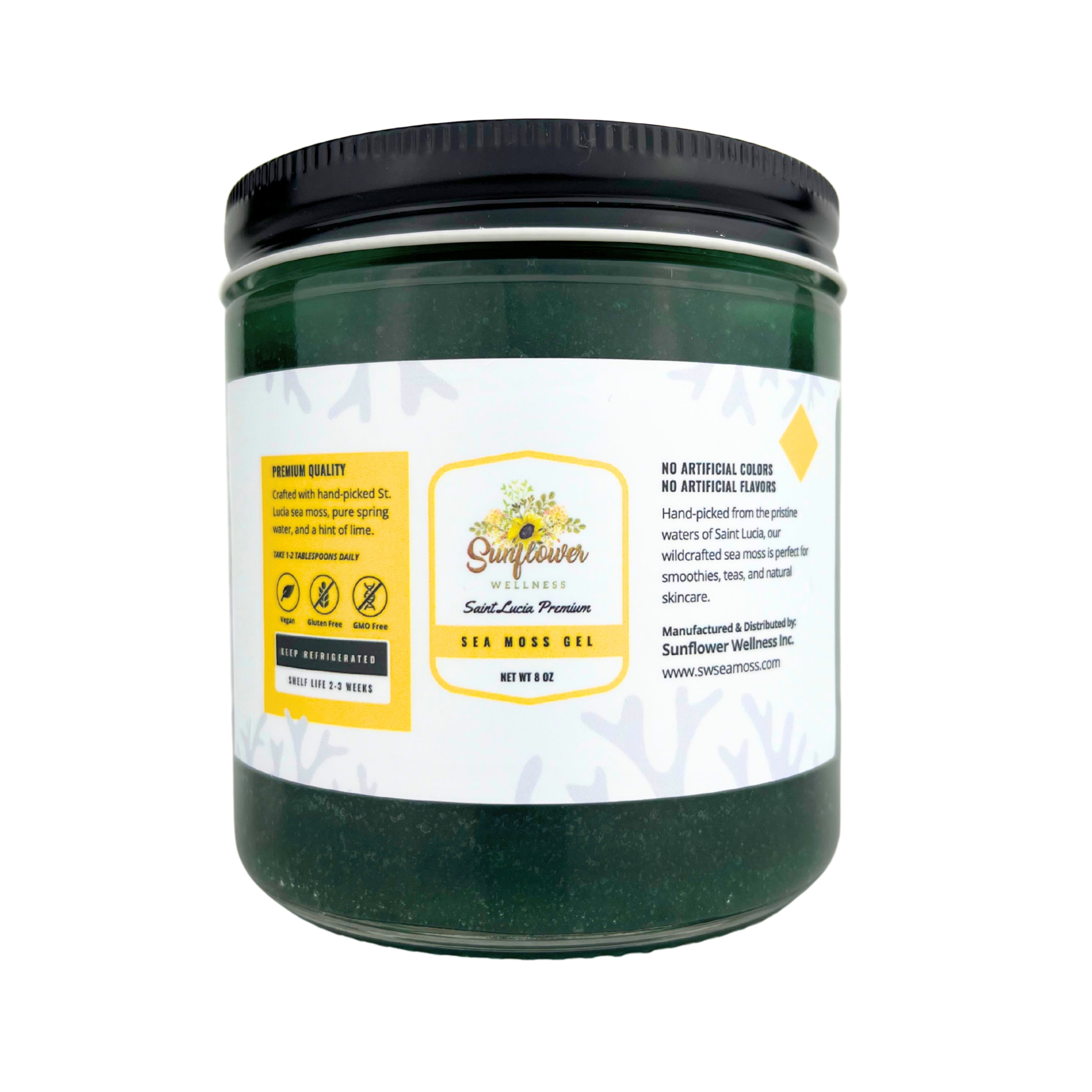 8oz jar of Spirulina Sea Moss Gel by Sunflower Wellness, made with wildcrafted St. Lucia sea moss.