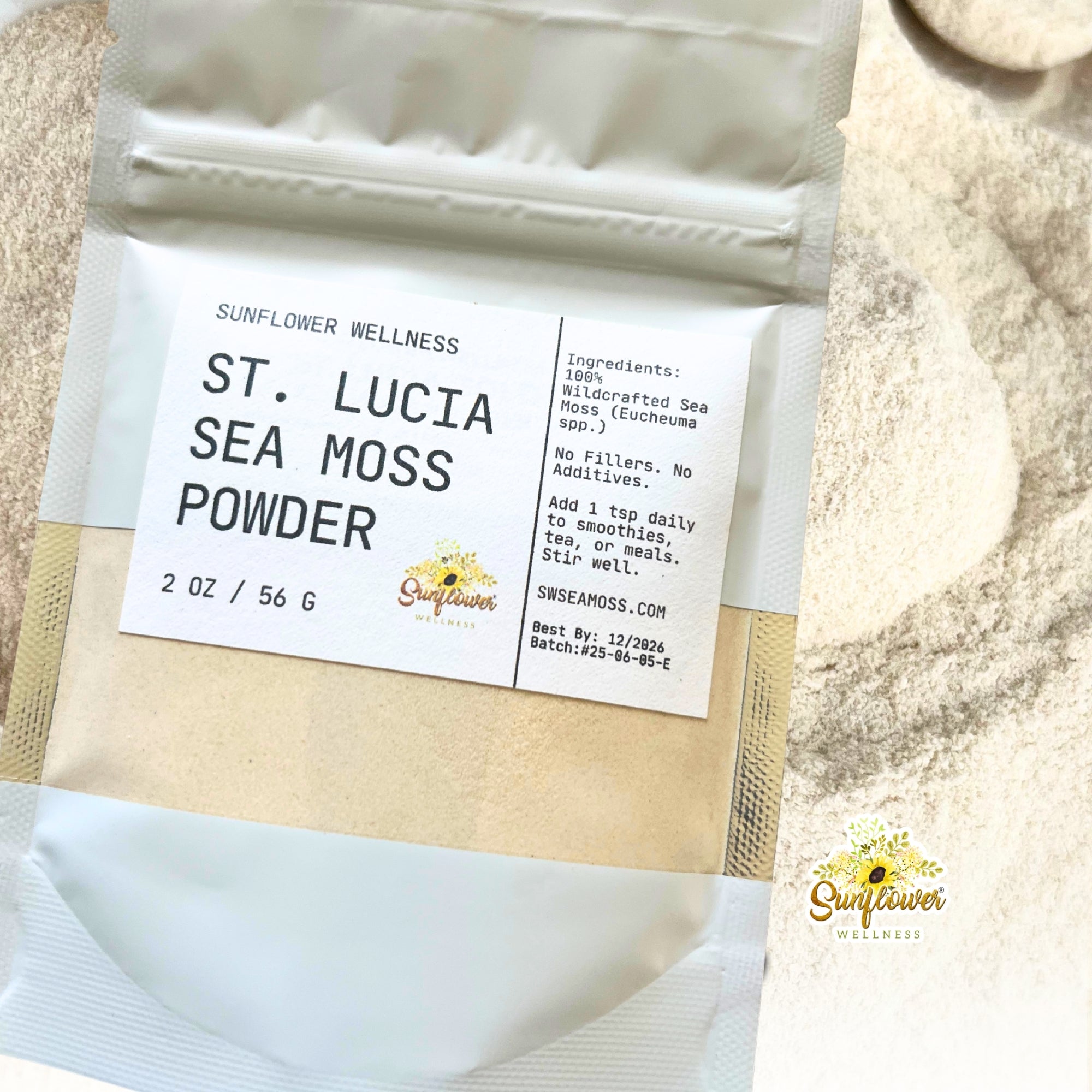 Package of St. Lucia Sea Moss Powder with a label on a textured beige background from Sunflower Wellness.