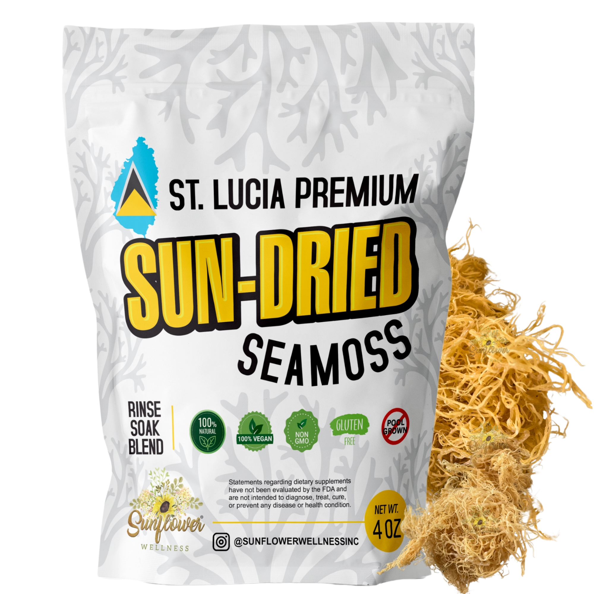 Premium St. Lucia Sun-Dried Sea Moss from Sunflower Wellness in a 4oz package. Sustainably harvested, wildcrafted, and 100% natural. Perfect for making sea moss gel, this vegan, gluten-free, and non-GMO sea moss is sun-dried to preserve its nutrients.