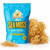 Sunflower Wellness 8 oz raw gold sea moss, sun-dried and ocean harvested in St. Lucia, with dried sea moss displayed beside the package.