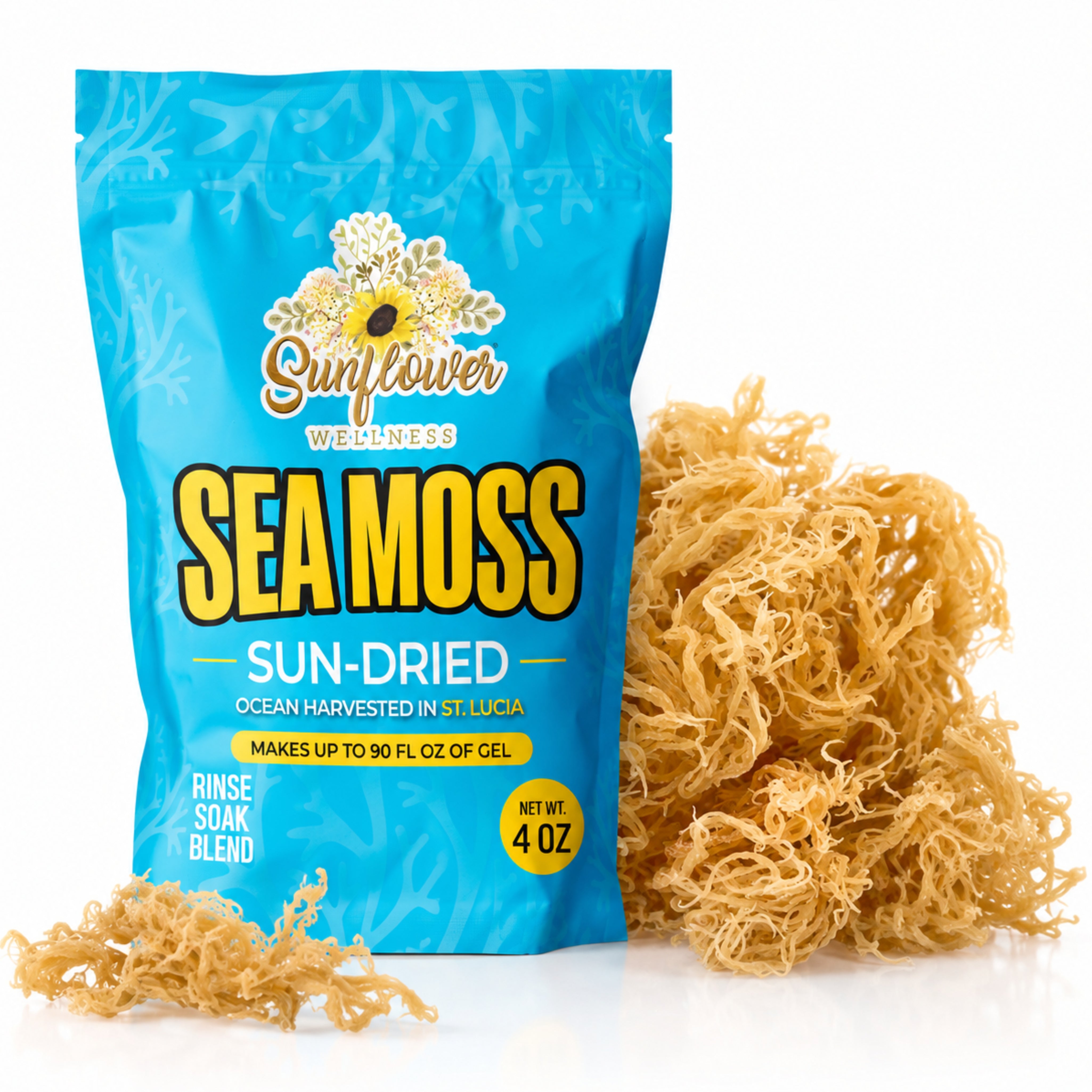 Sunflower Wellness 8 oz raw gold sea moss, sun-dried and ocean harvested in St. Lucia, with dried sea moss displayed beside the package.