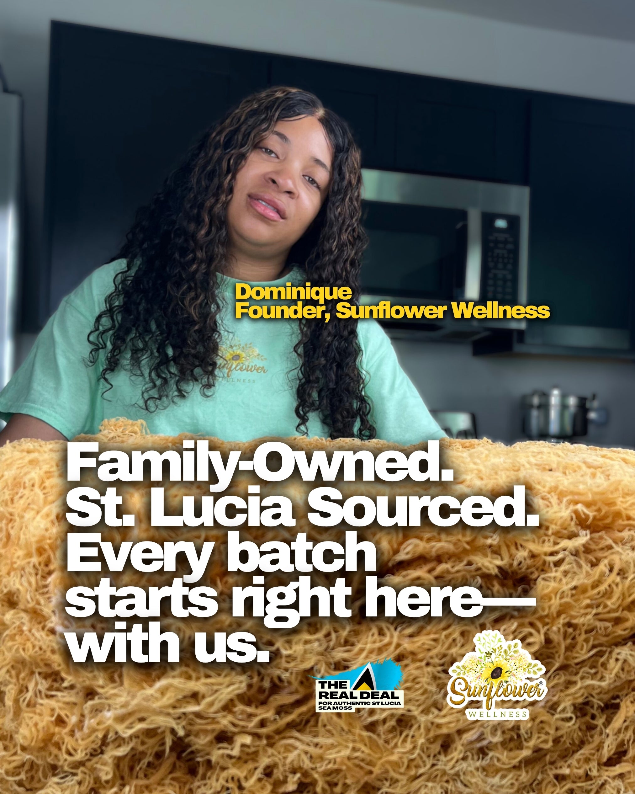 Dominique, the founder of Sunflower Wellness in  a kitchen with golden raw sea moss in the foreground.