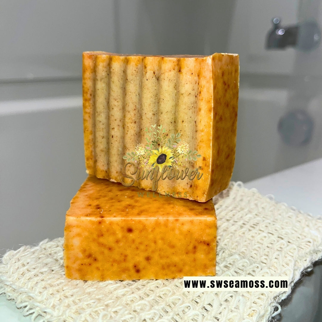 Handmade turmeric sea moss soap bar with St. Lucia wildcrafted sea moss, turmeric powder, and moisturizing oils. Natural skincare for glowing, healthy skin.