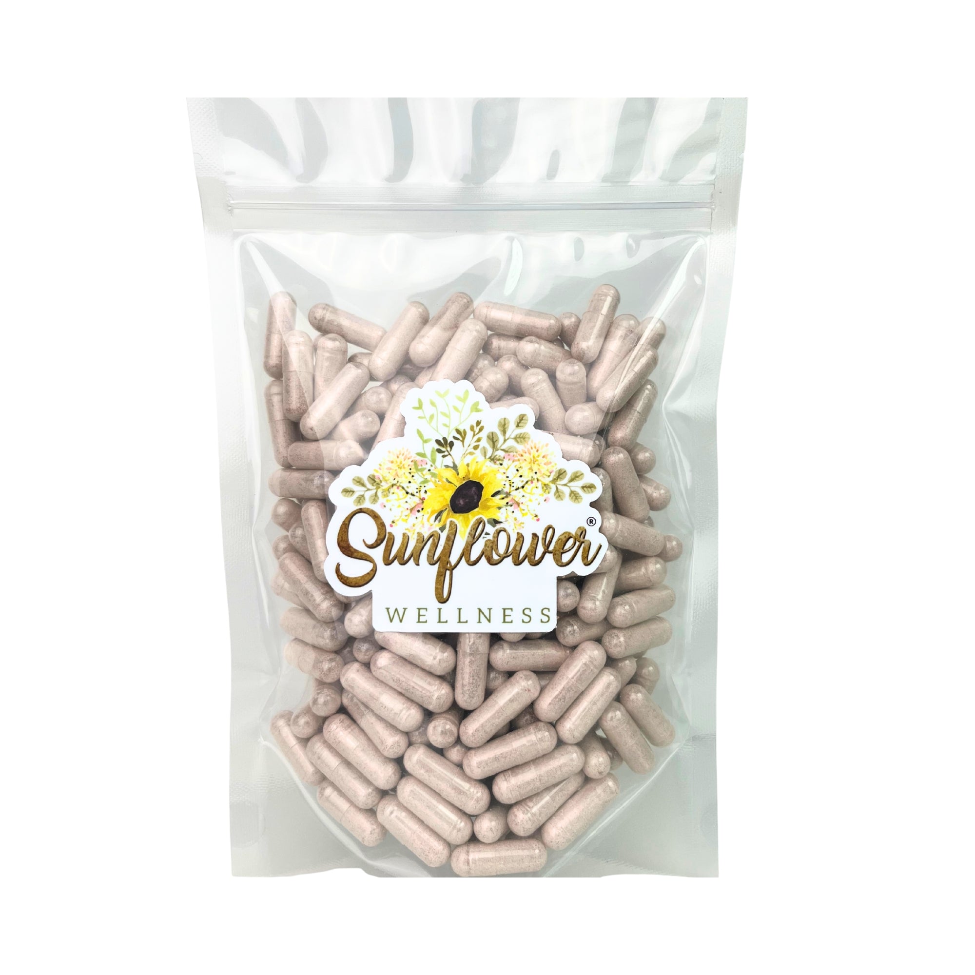 Packaged sea moss capsules wildcrafted from St. Lucia with a Sunflower Wellness label on a white background.